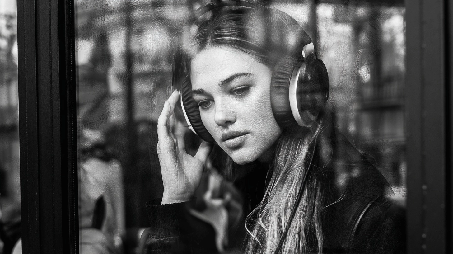 Edgy, off center black and white impressonistic photograph of stylish young woman listening to music