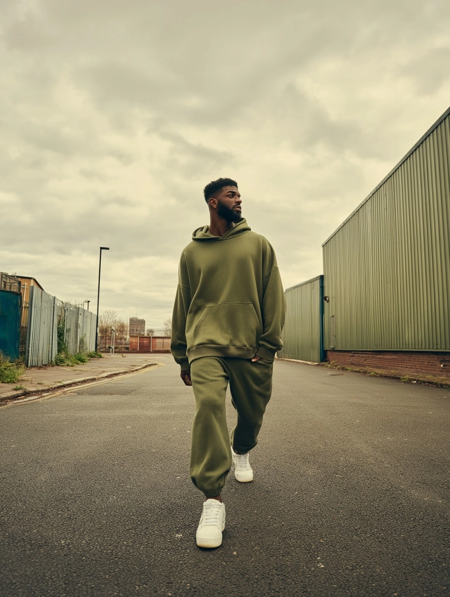 Editorial fashion photography, male model in oversized olive green heavyweight fleece hoodie and mat