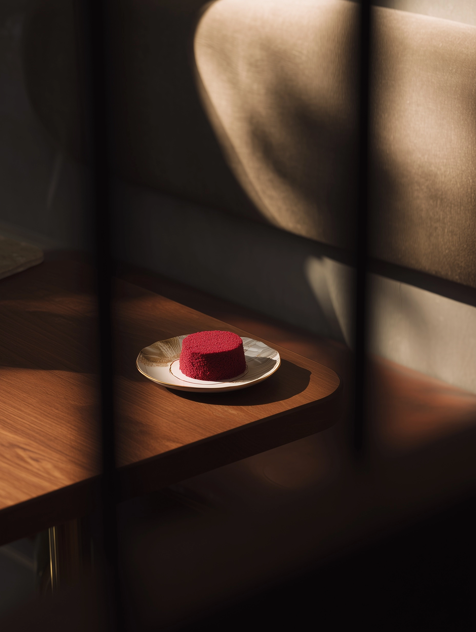 Editorial photograph of a refined cafe interior, a raspberry cake on a plate placed on a table