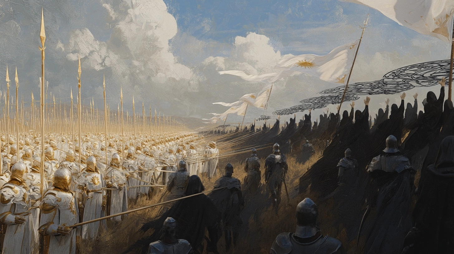 Epic dark fantasy battlefield, bright spear formation of the Sun Spears Legion resisting temporal ma