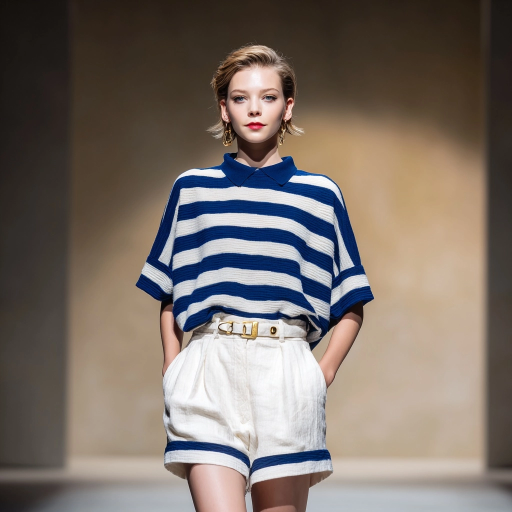 European female model walking runway, wearing a vintage nautical-inspired short-sleeve oversized str