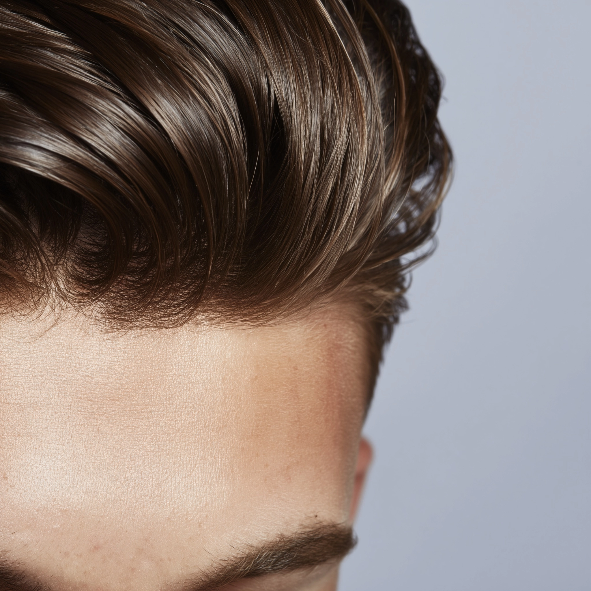 Extreme close-up, studio beauty portrait of the upper side of a young man’s face. 18 years old. fron