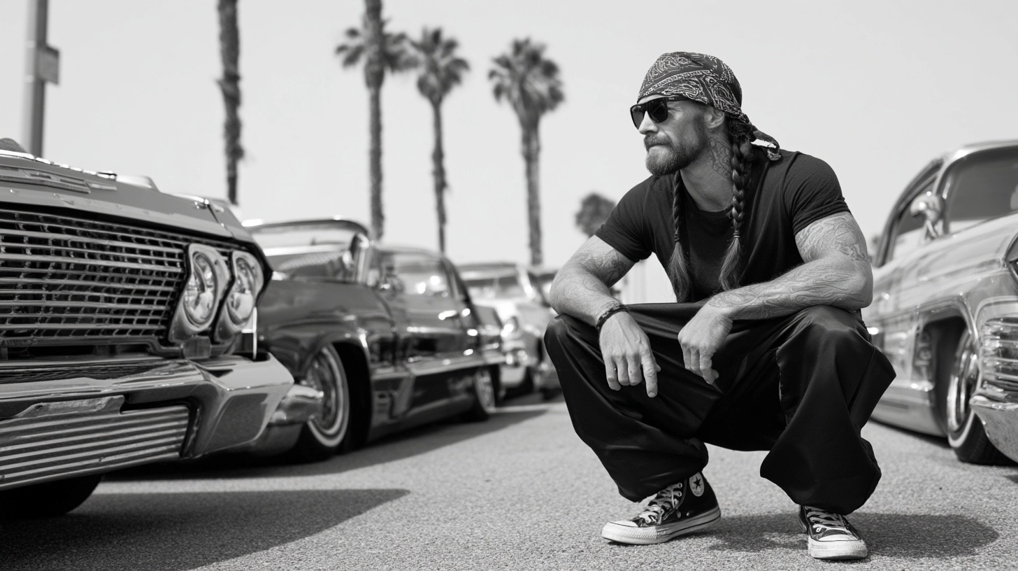 Filmed on the Los Angeles coastline, the video shows a white American gang member crouching beside s
