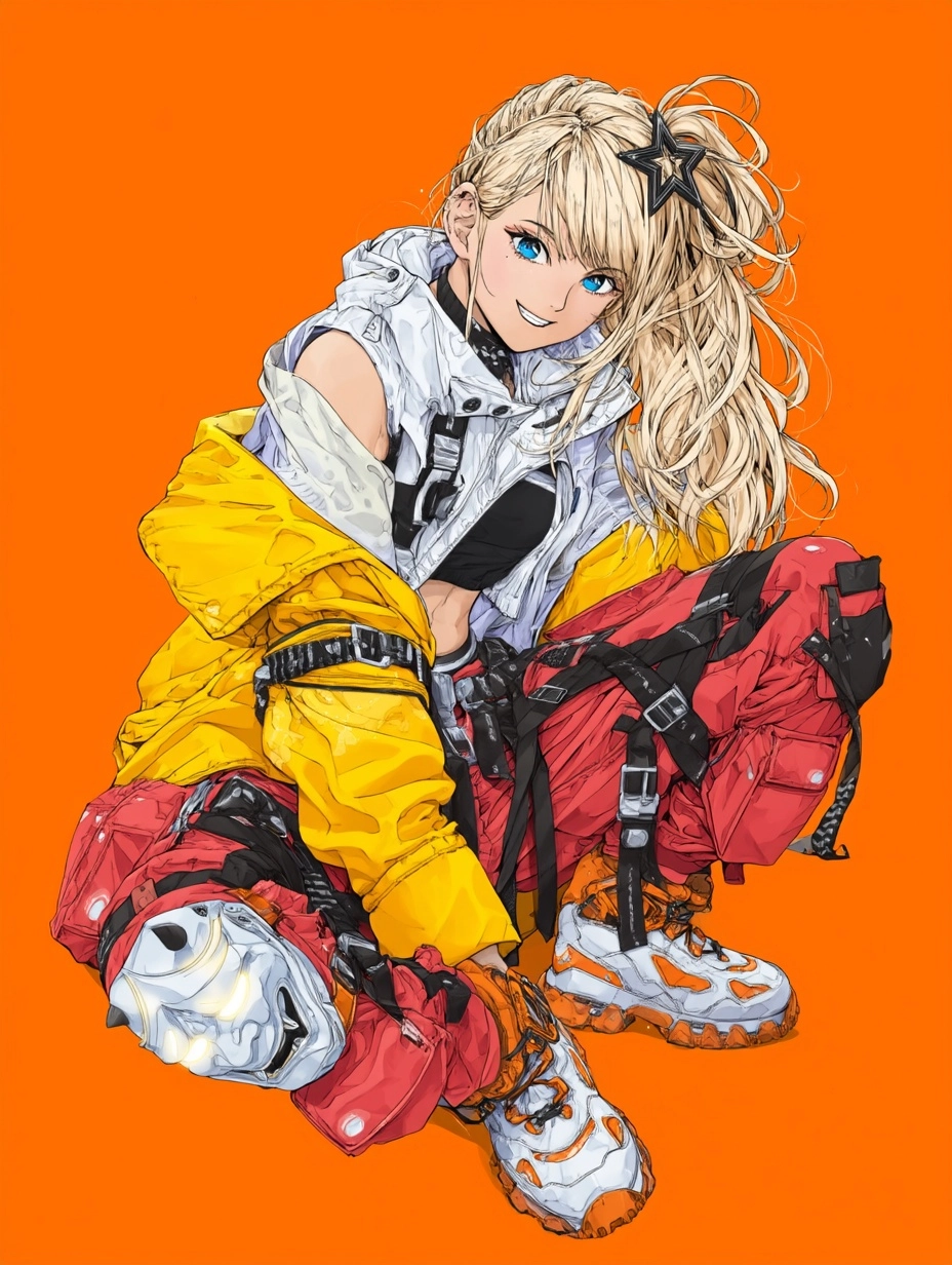 Flat-colored anime-style illustration of a confident