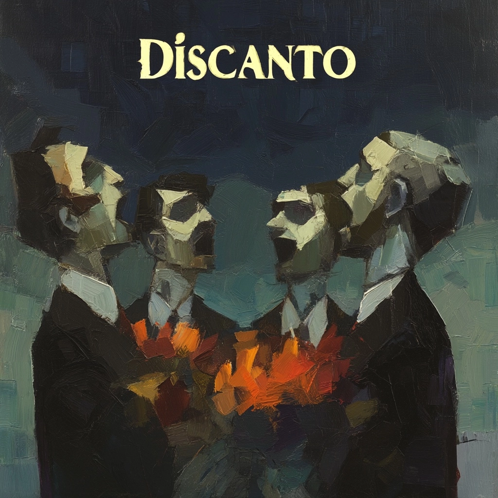 Four men sing facing each other with flowers, above the title "Discanto"