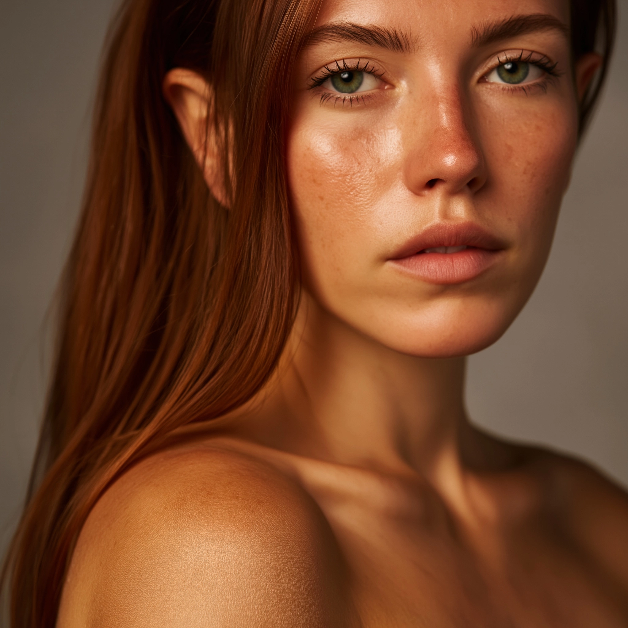 Front close-up studio portrait of an attractive 30-year-old woman. She has warm golden-honey skin wi