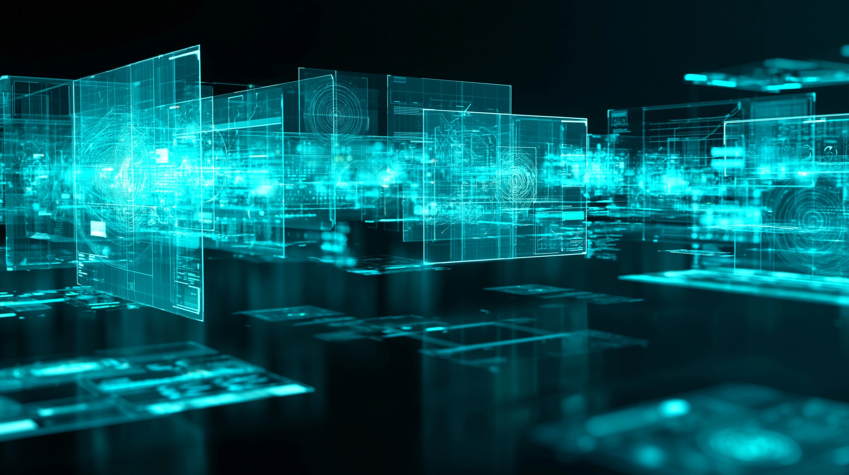 Futuristic holographic HUD interface floating in dark space, glowing cyan data panels