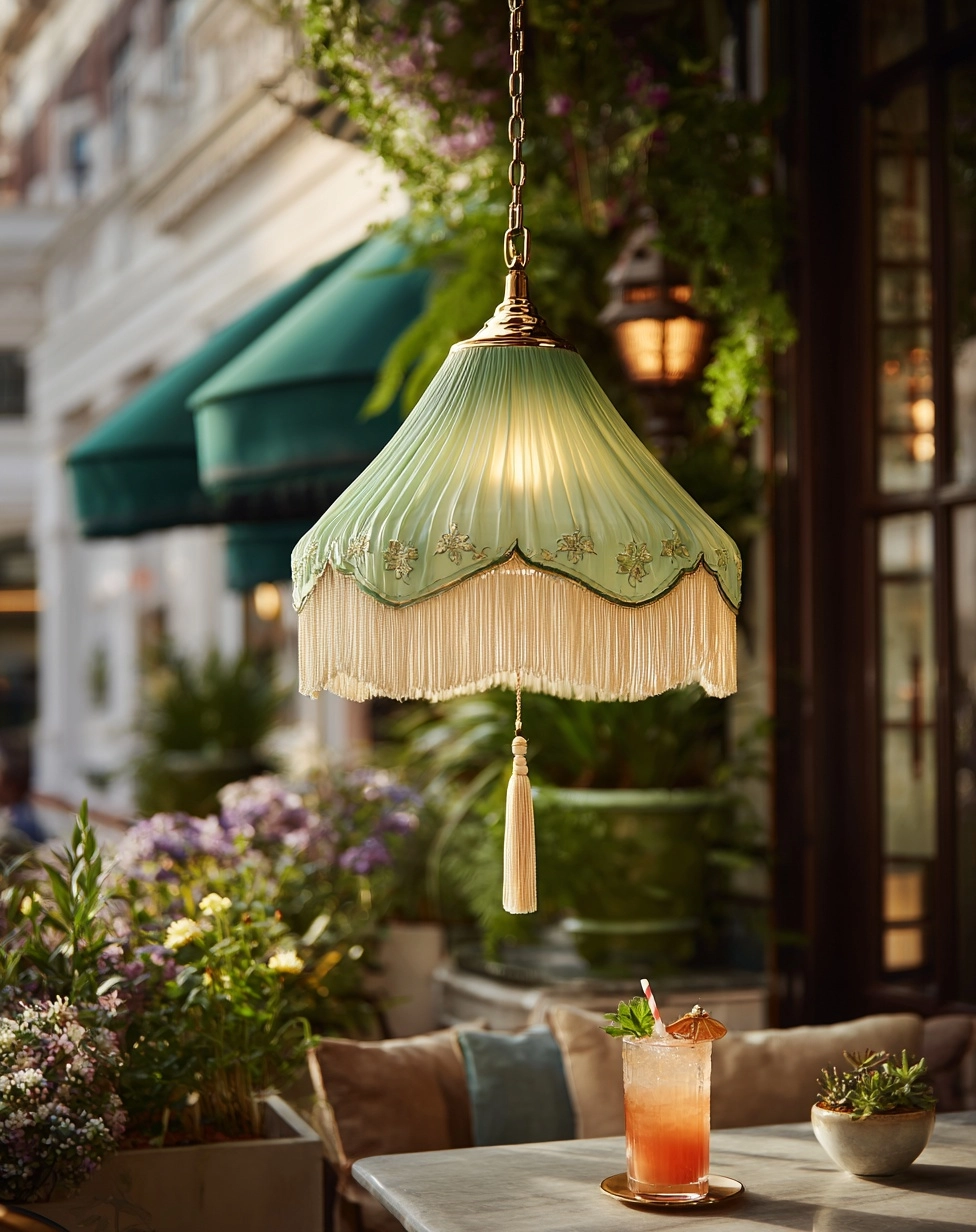 A hanging light with a french-inspired green frill glass shade