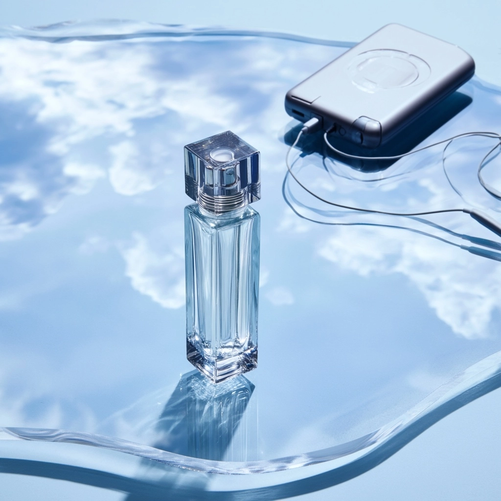 Glass luxury cosmetic bottle standing tall on a translucent undulating acrylic sheet acting as a sky
