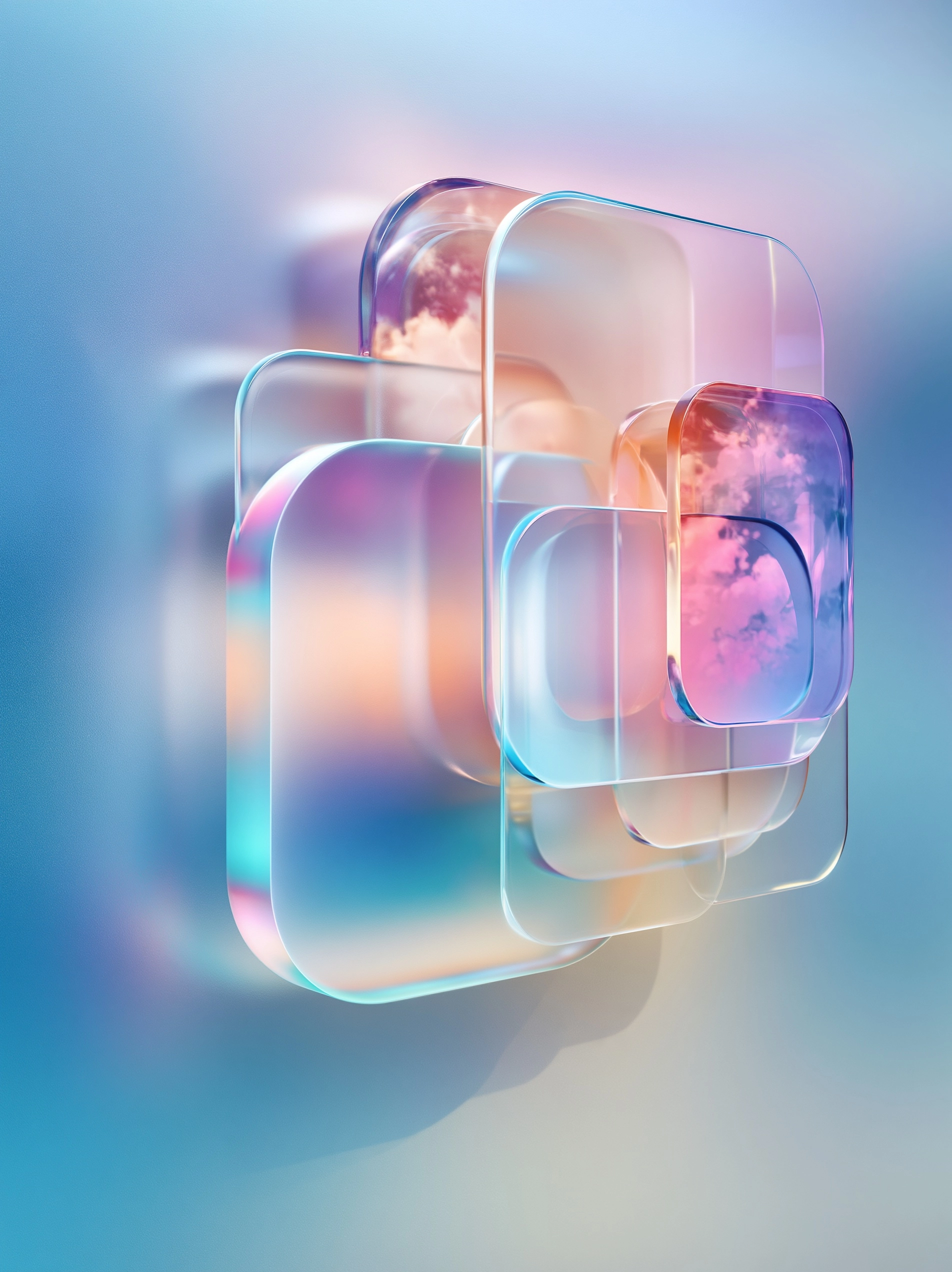 Glassmorphism layered rounded rectangles with soft blur and pastel highlights