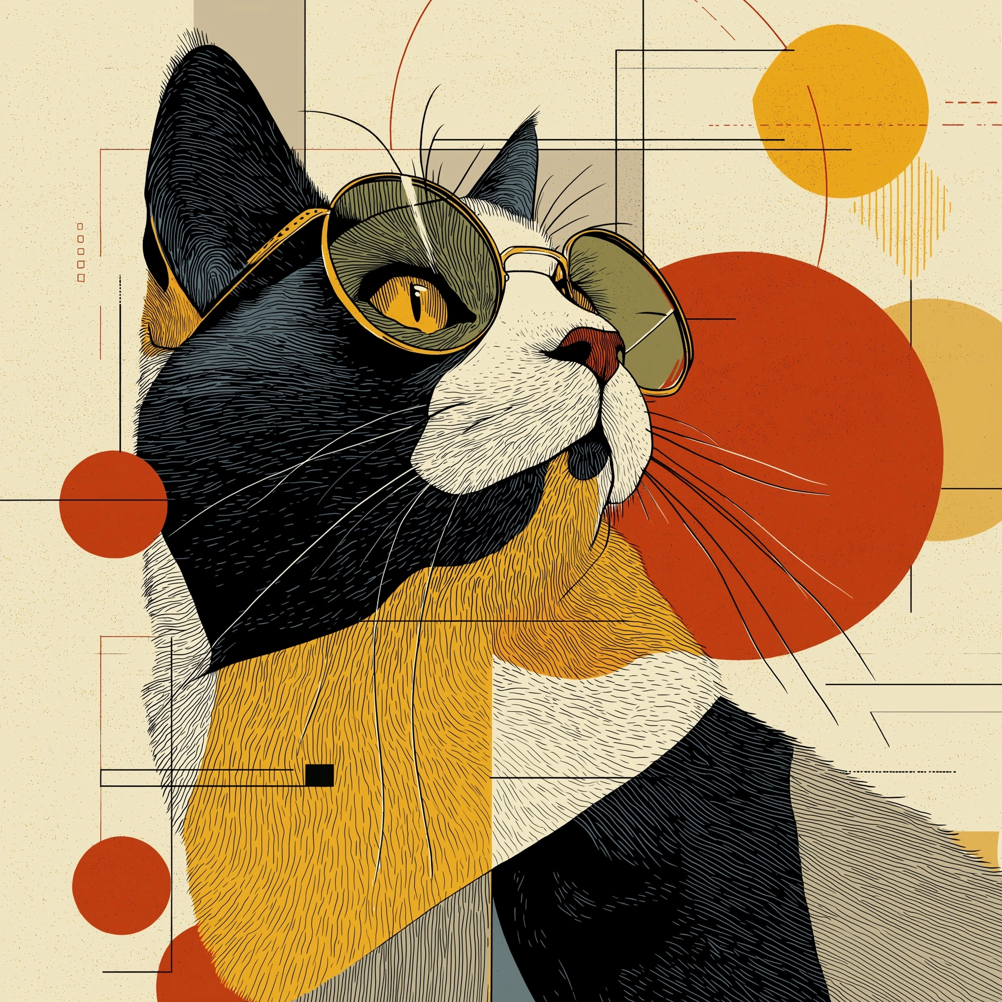Gros plan sur un chat noir et blanc, qui a de grosses lunettes épaisses vertes, il est funky