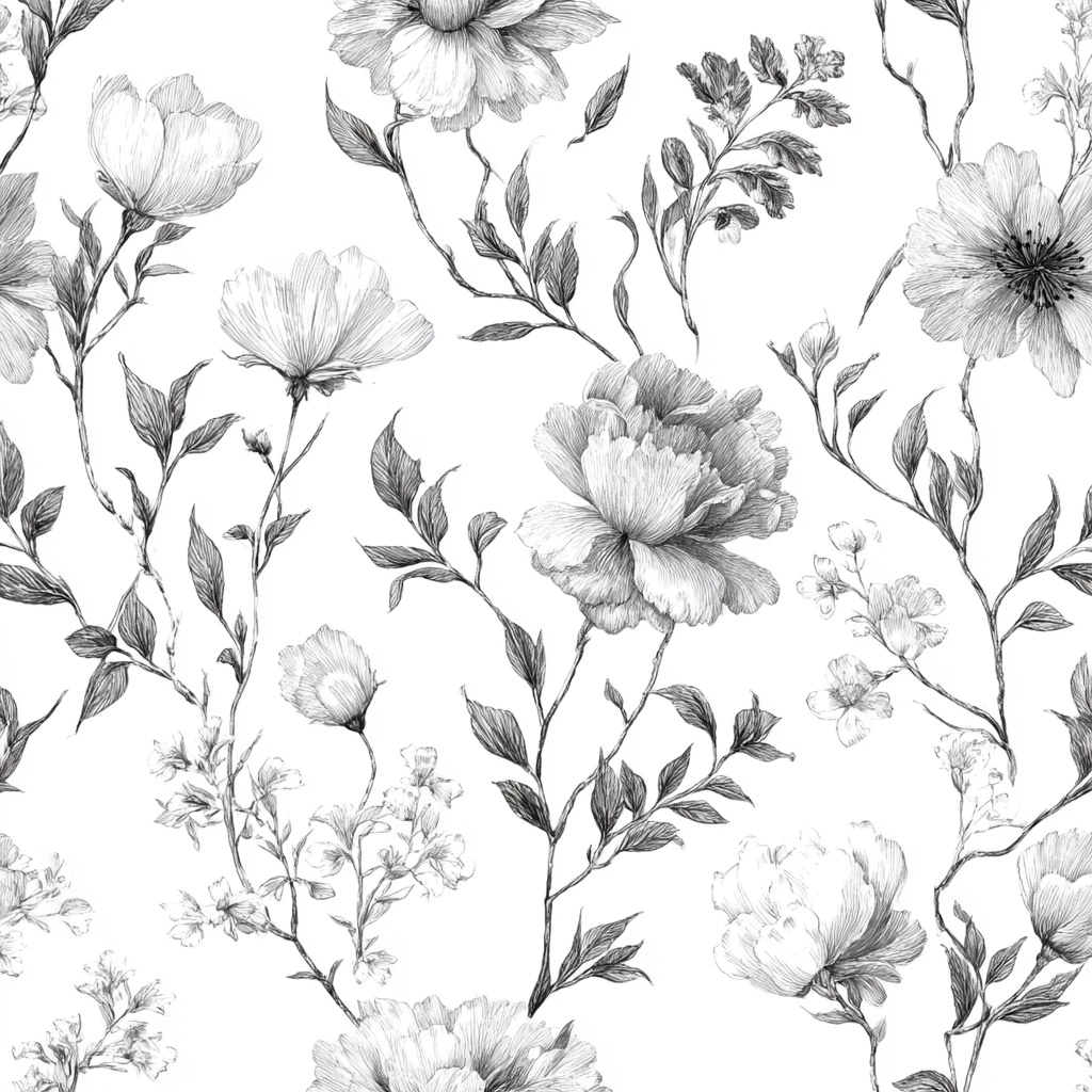 REPEAT PATTERN, PATTERN SAMPLES, A hand-drawn pencil sketch of a floral and foliage pattern on a whi