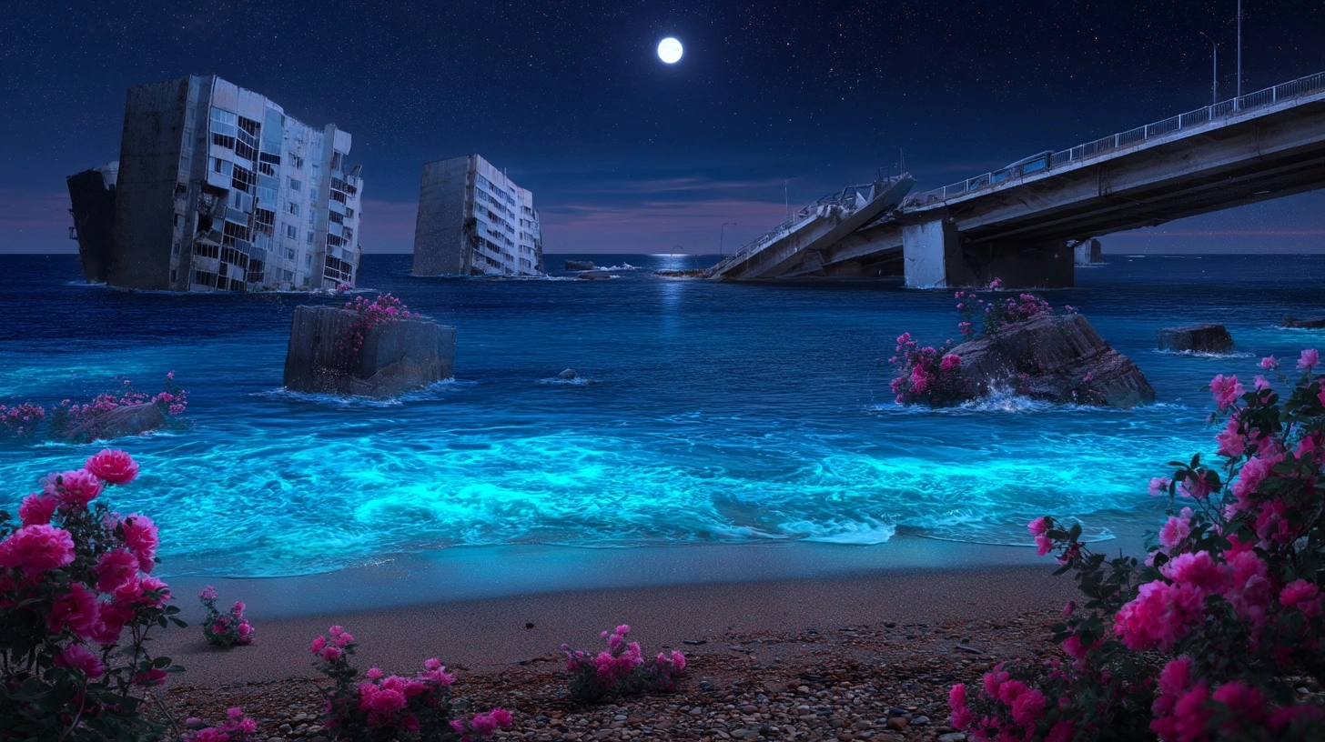 A beach of pebbles and sand, an endless ultramarine sea. There are pink bush roses in the waves and