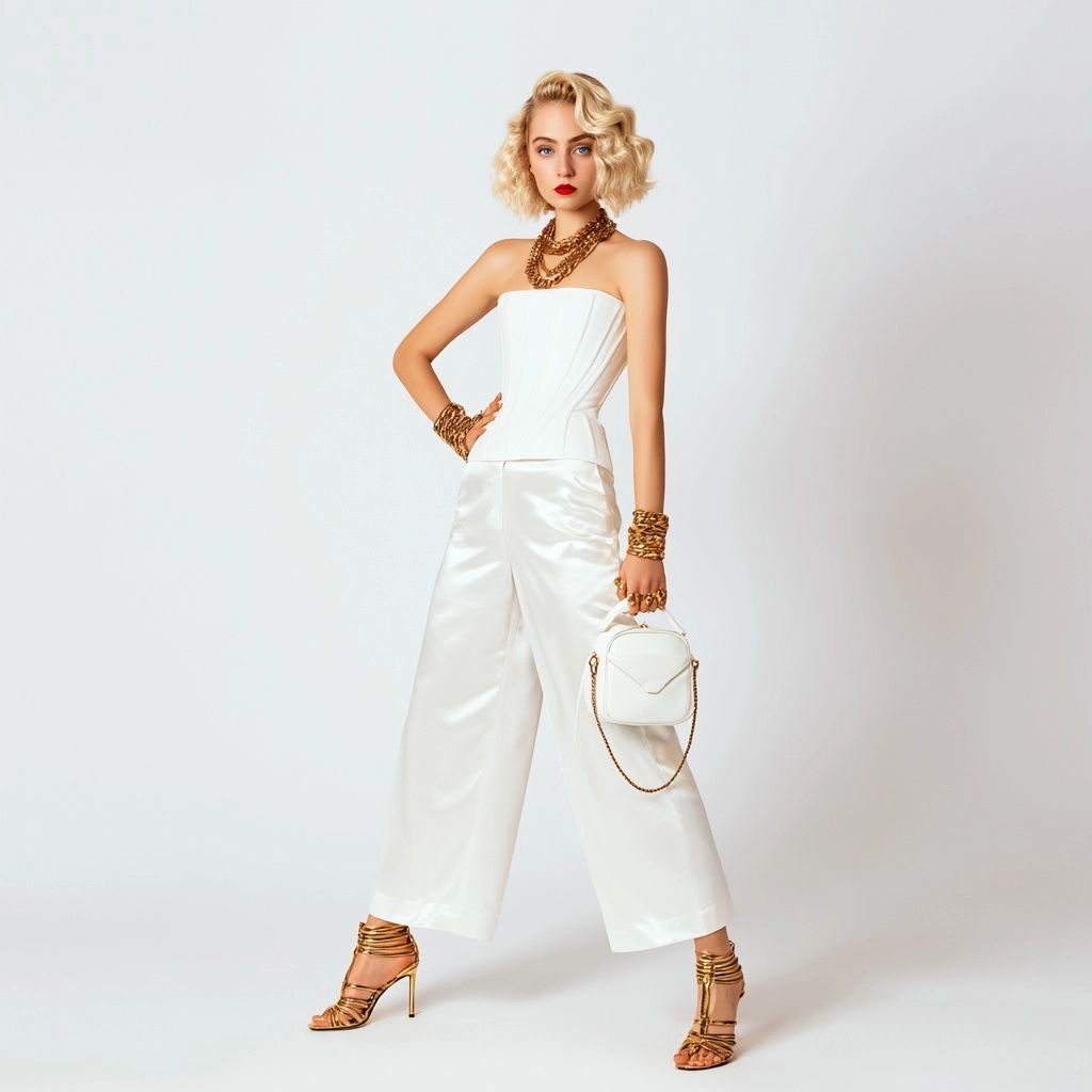 High fashion editorial photoshoot, full body female model with short wavy blonde bob haircut