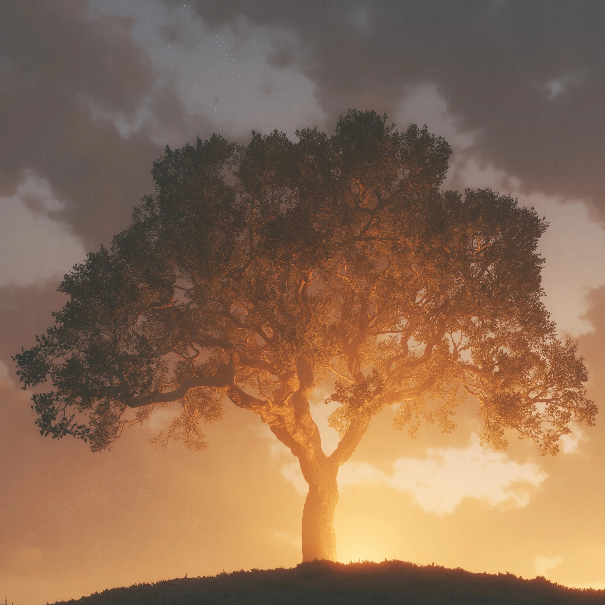 A majestic tree of life standing alone on a small hill