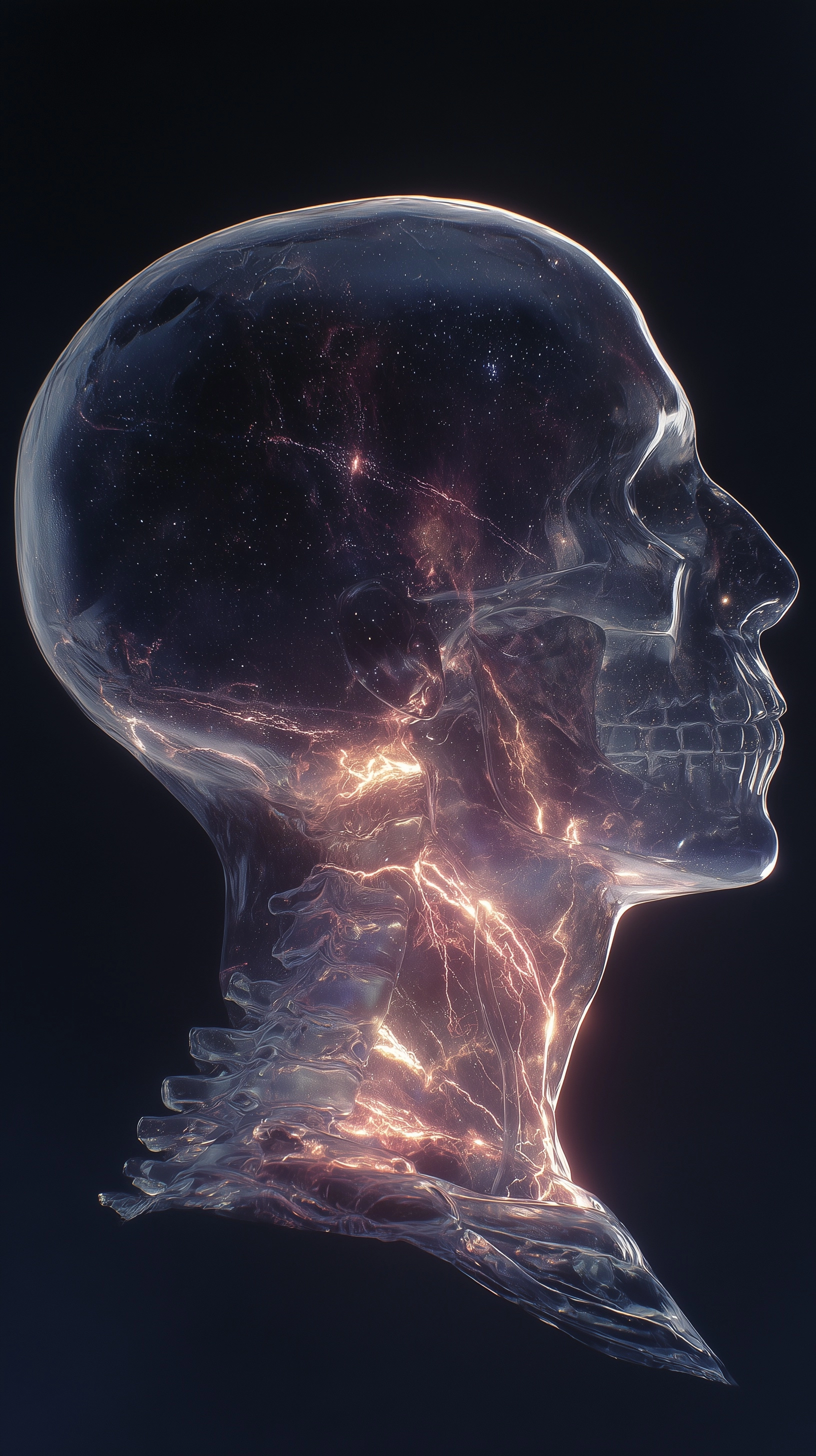 Hyperrealistic surreal portrait of a transparent human head and shoulders