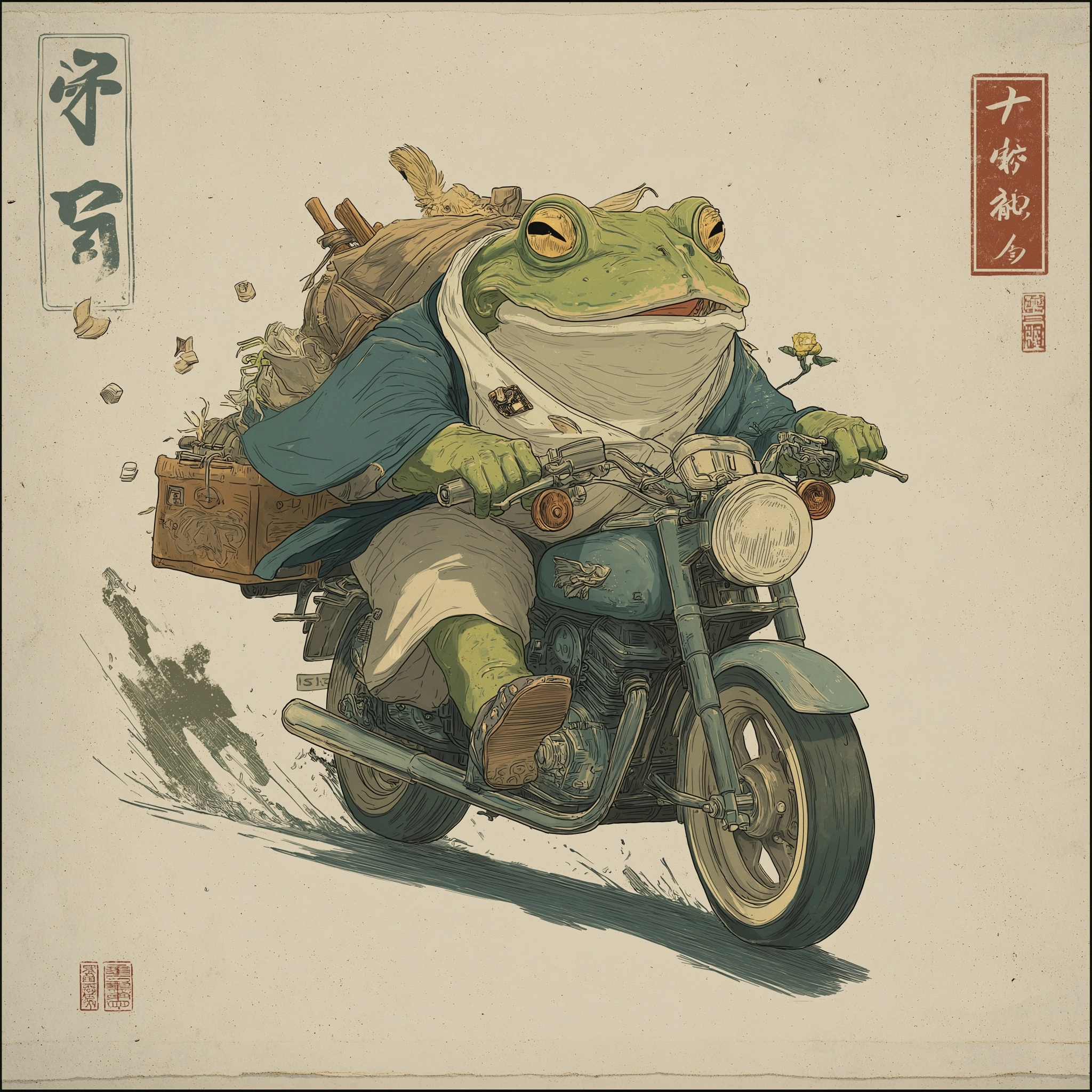I want a Japanese traditional illustration depicting a frog riding a motor bike