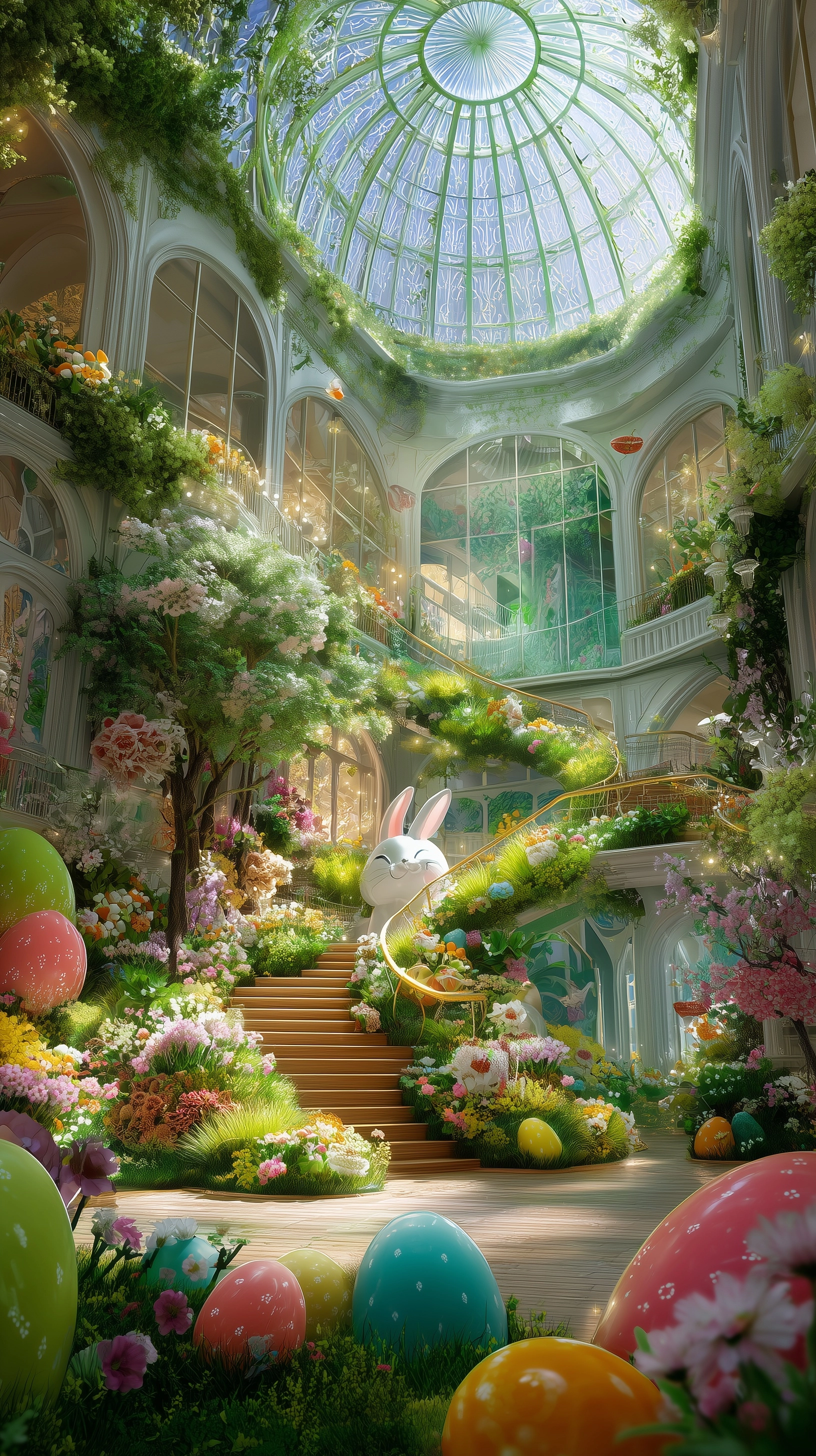 A Great colorful hall with a huge glass dome, green, overgrown with nature, grass, trees, flowers