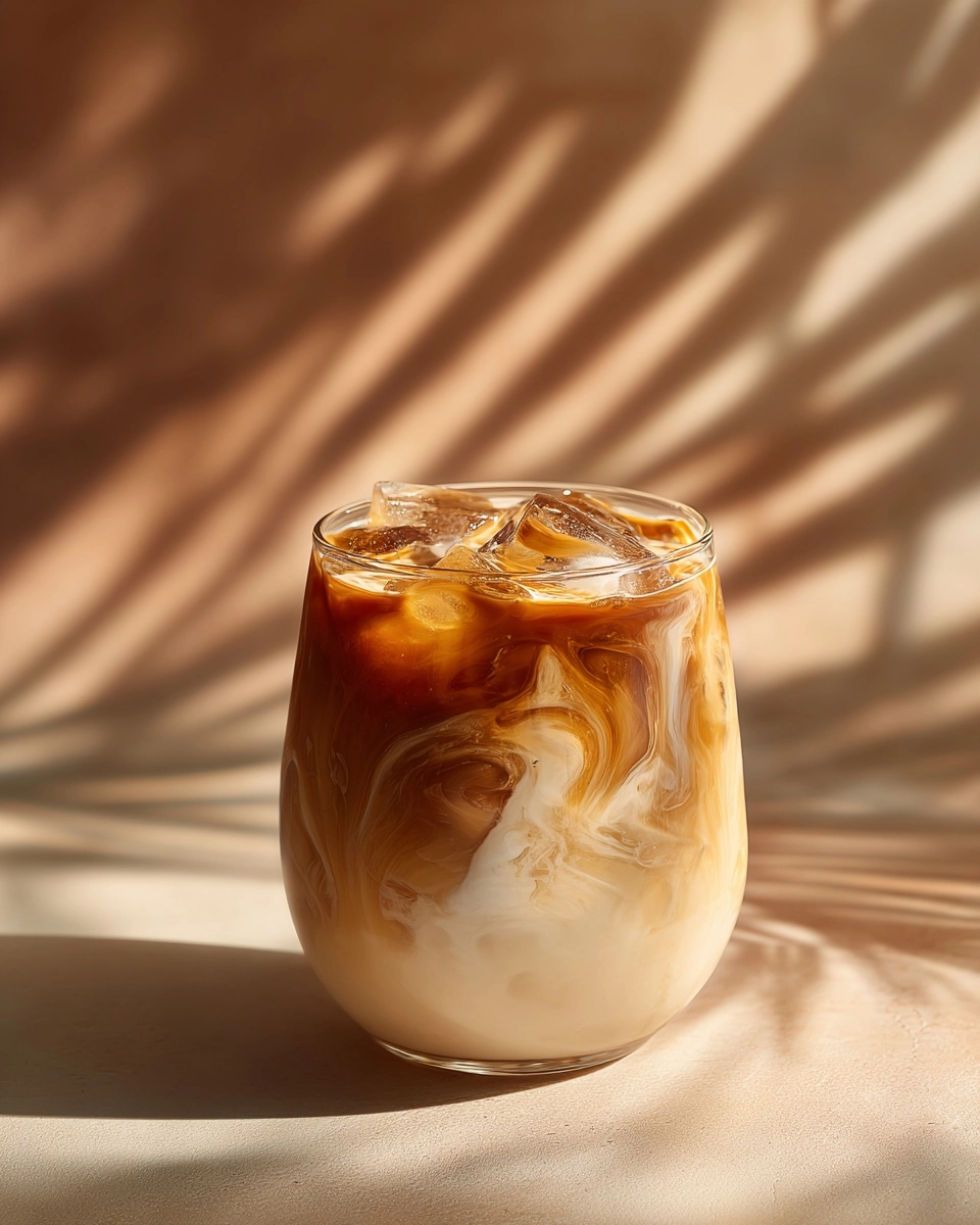 Iced latte in a clear rounded glass, creamy milk blending with espresso creating soft swirls