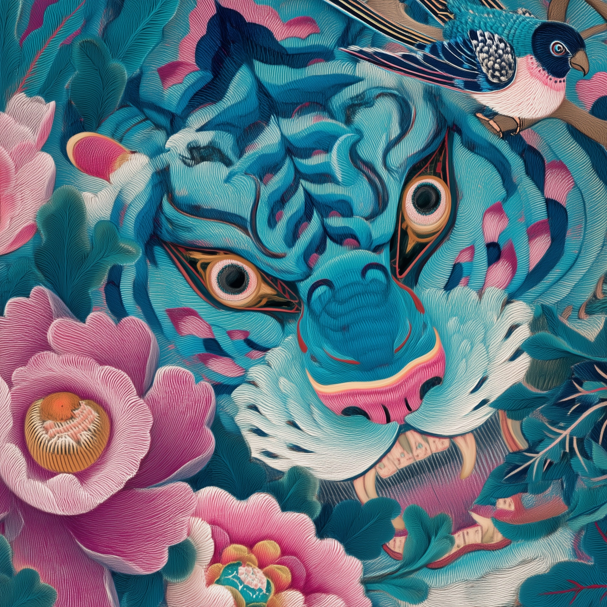 Imagine a traditional Korean minhwa jakhodo, a whimsical tiger and magpie painting