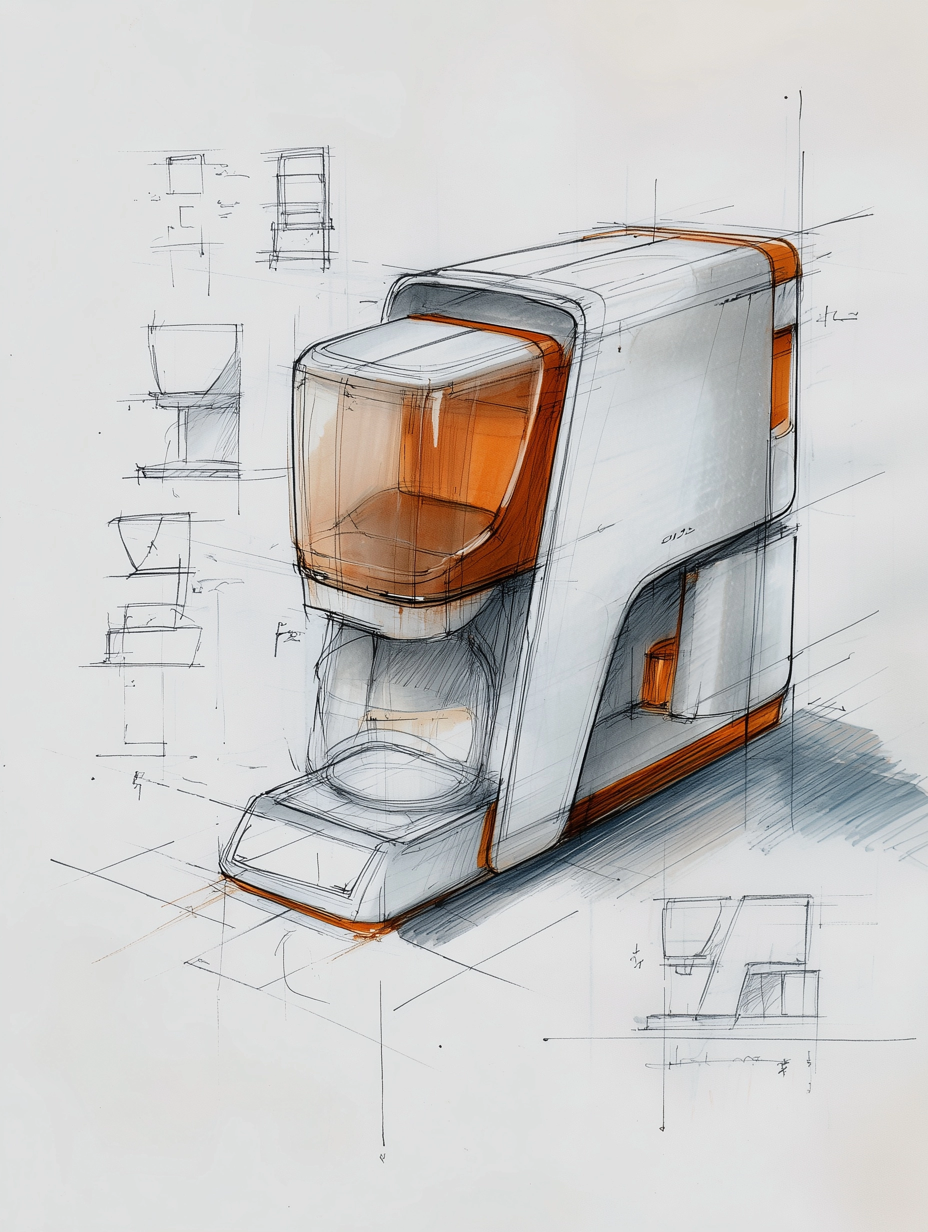 Industrial design sketch of a futuristic consumer product, clean perspective, precise linework
