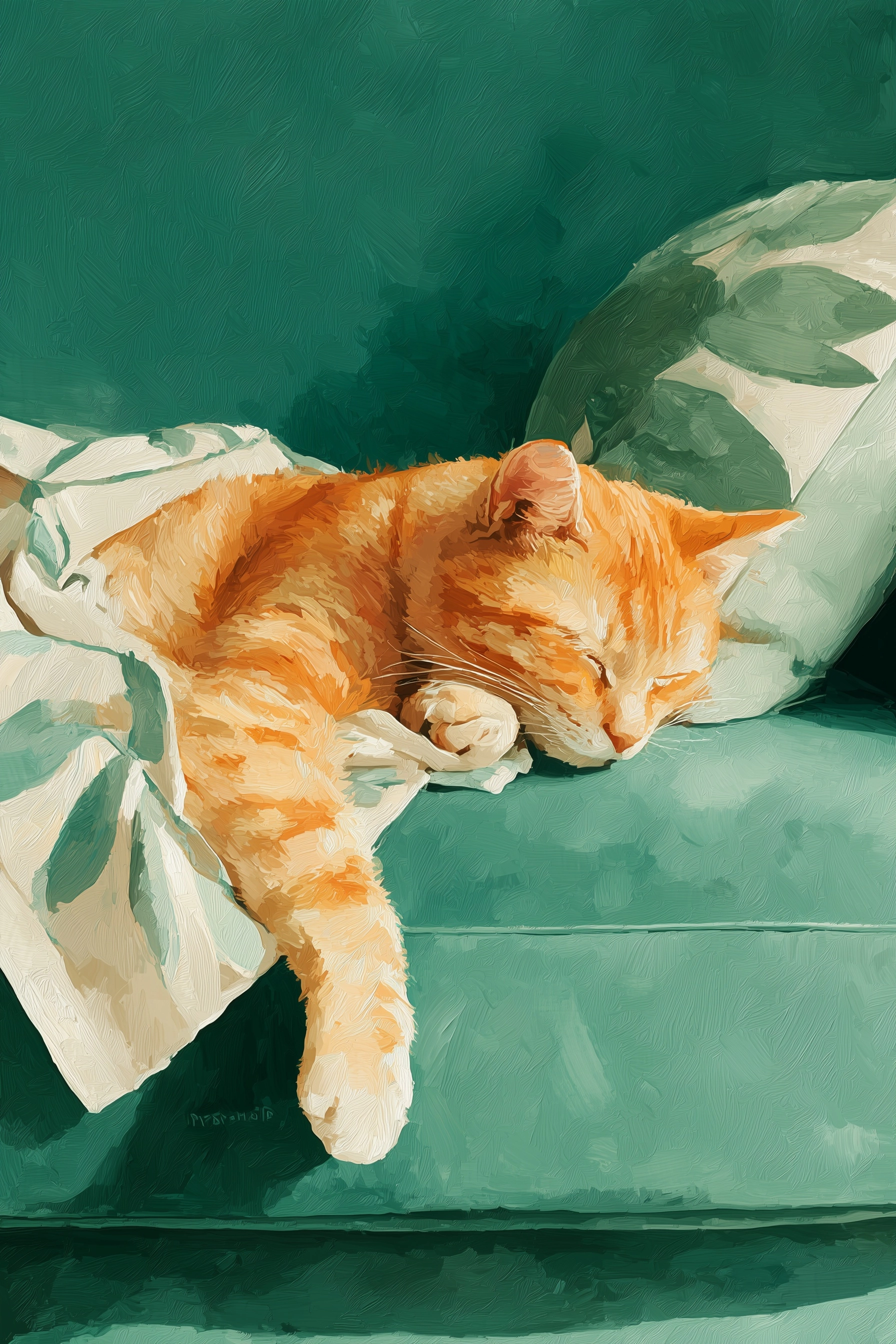 Minimalist painterly oil illustration, relaxed orange tabby cat lounging on a deep emerald green sof