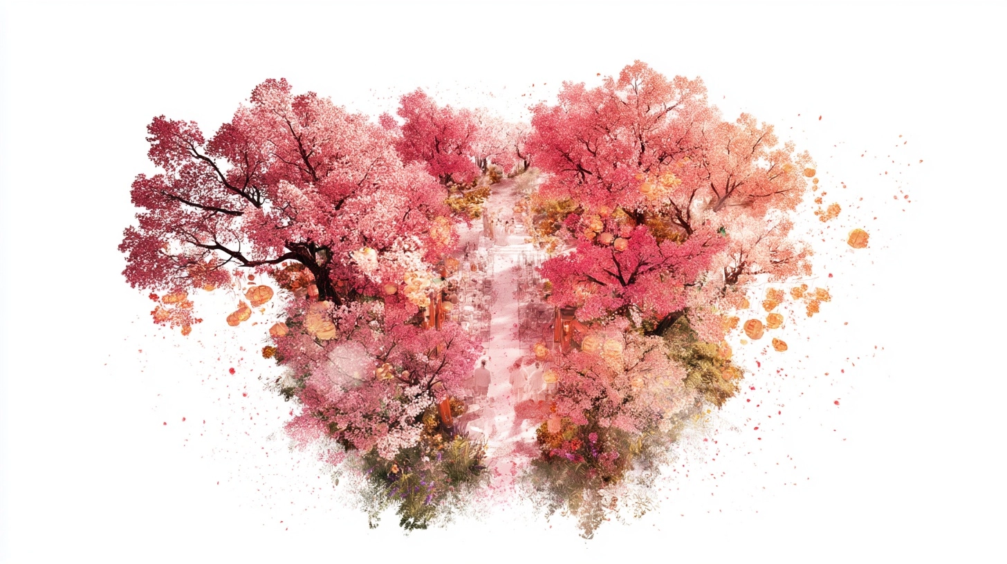 Isometric outdoor wedding ceremony in a Japanese garden, cherry blossom trees, lanterns