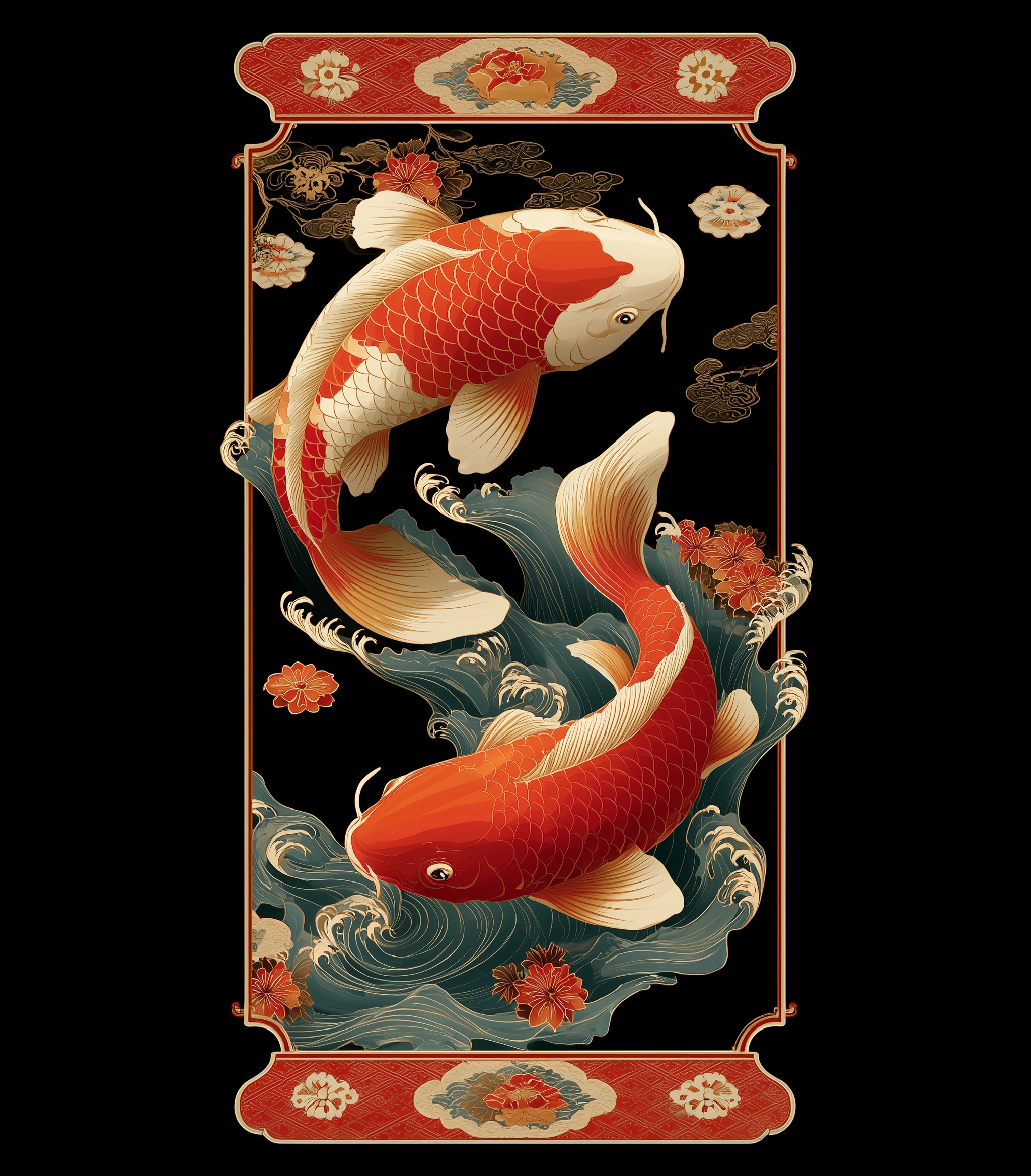 Korean Minhwa painting wallpaper, bold and vivid colors with Obangsaek (traditional five colors: blu