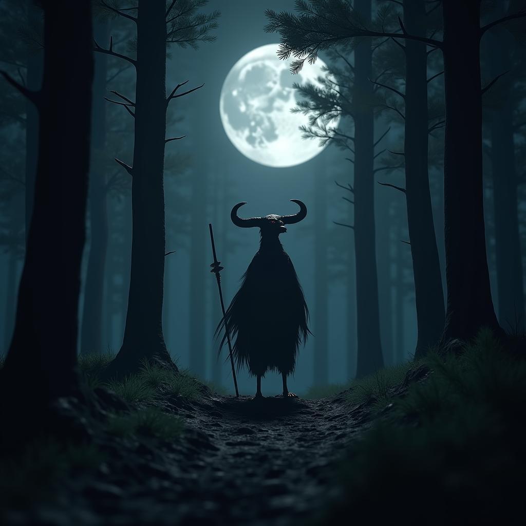 Tengu Haunting the Moonlit Forest Night