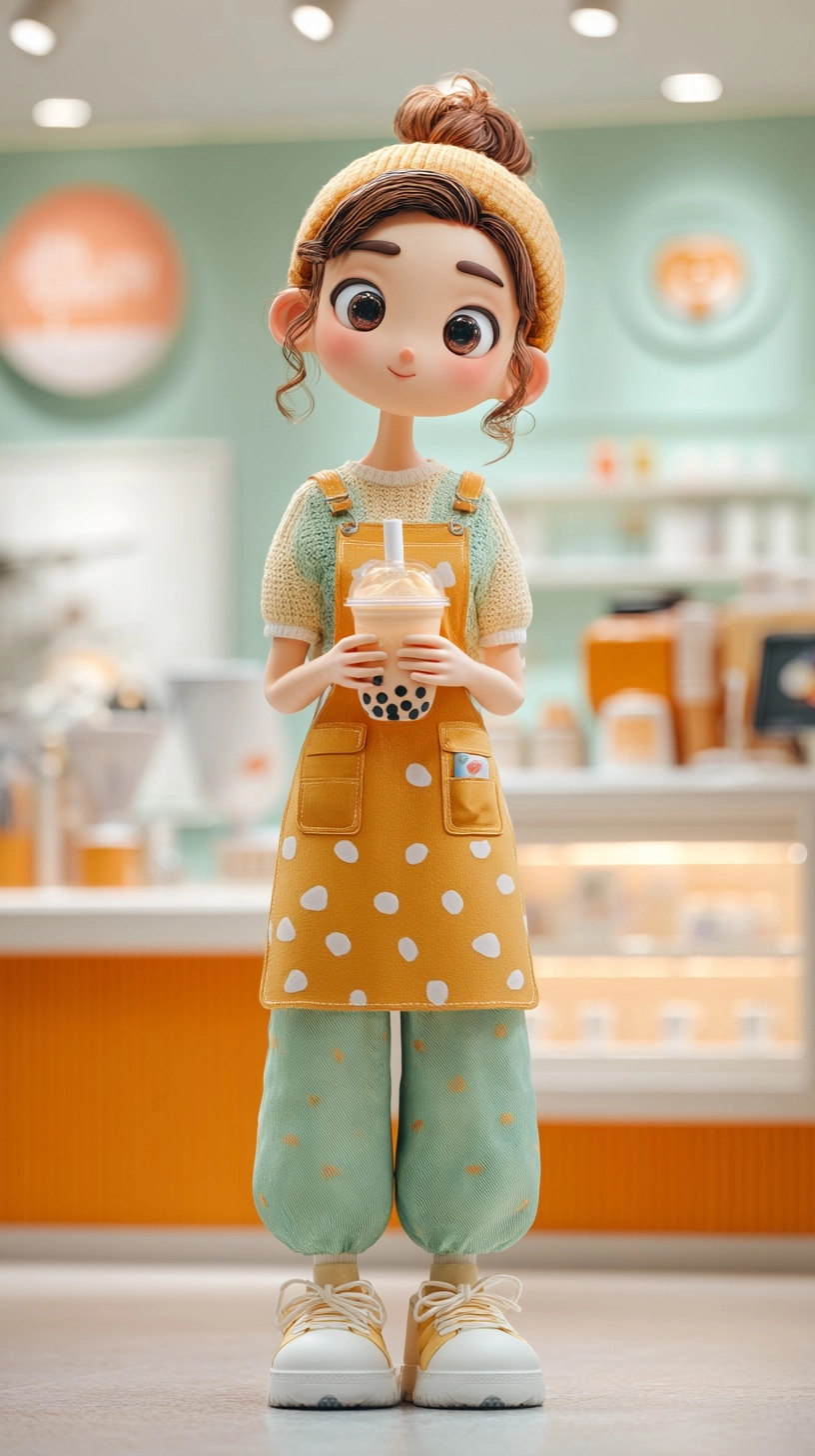 Milk tea shop female employee, wearing colorful shop uniform and apron