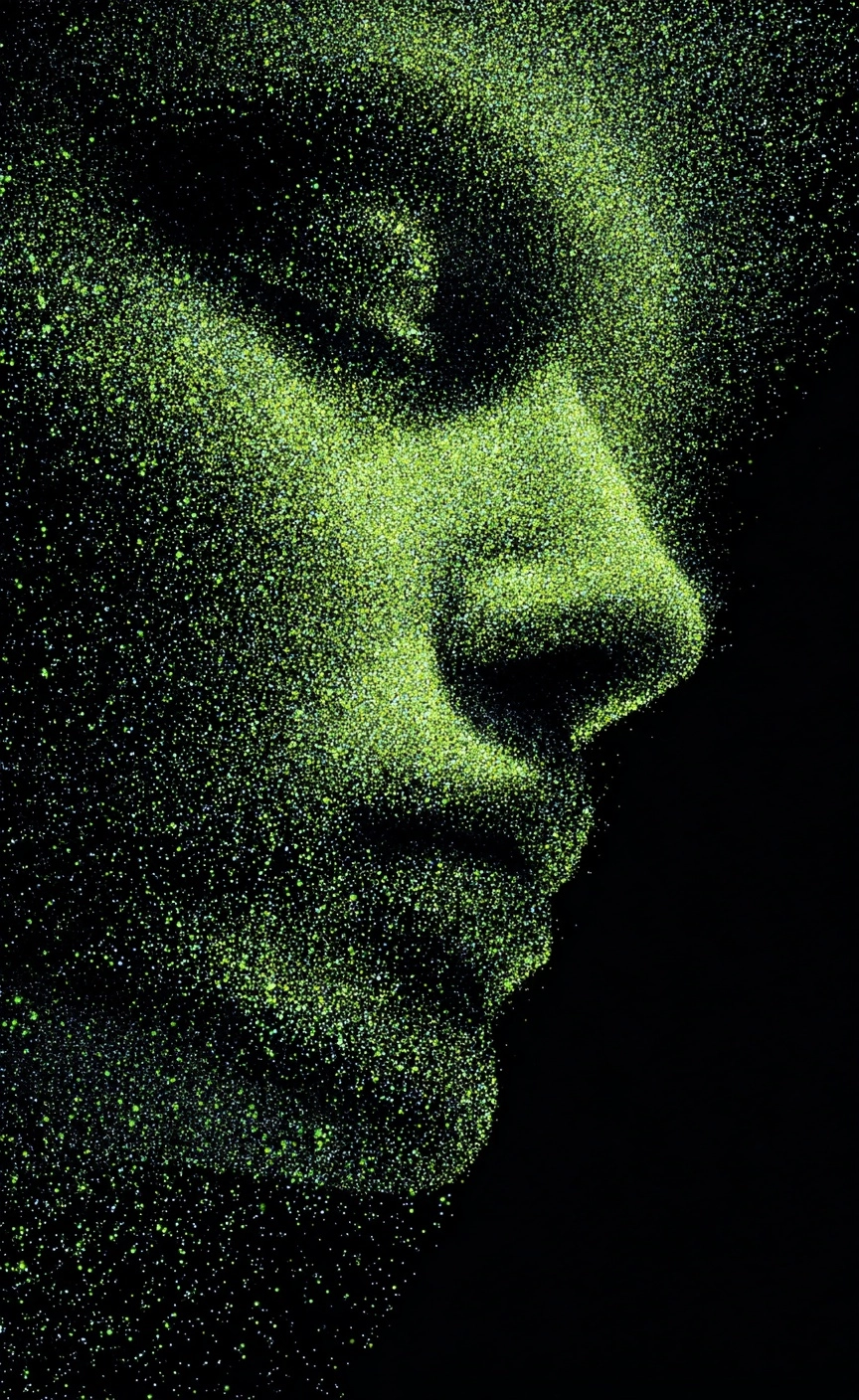 A face formed of green shimmering diamond particles