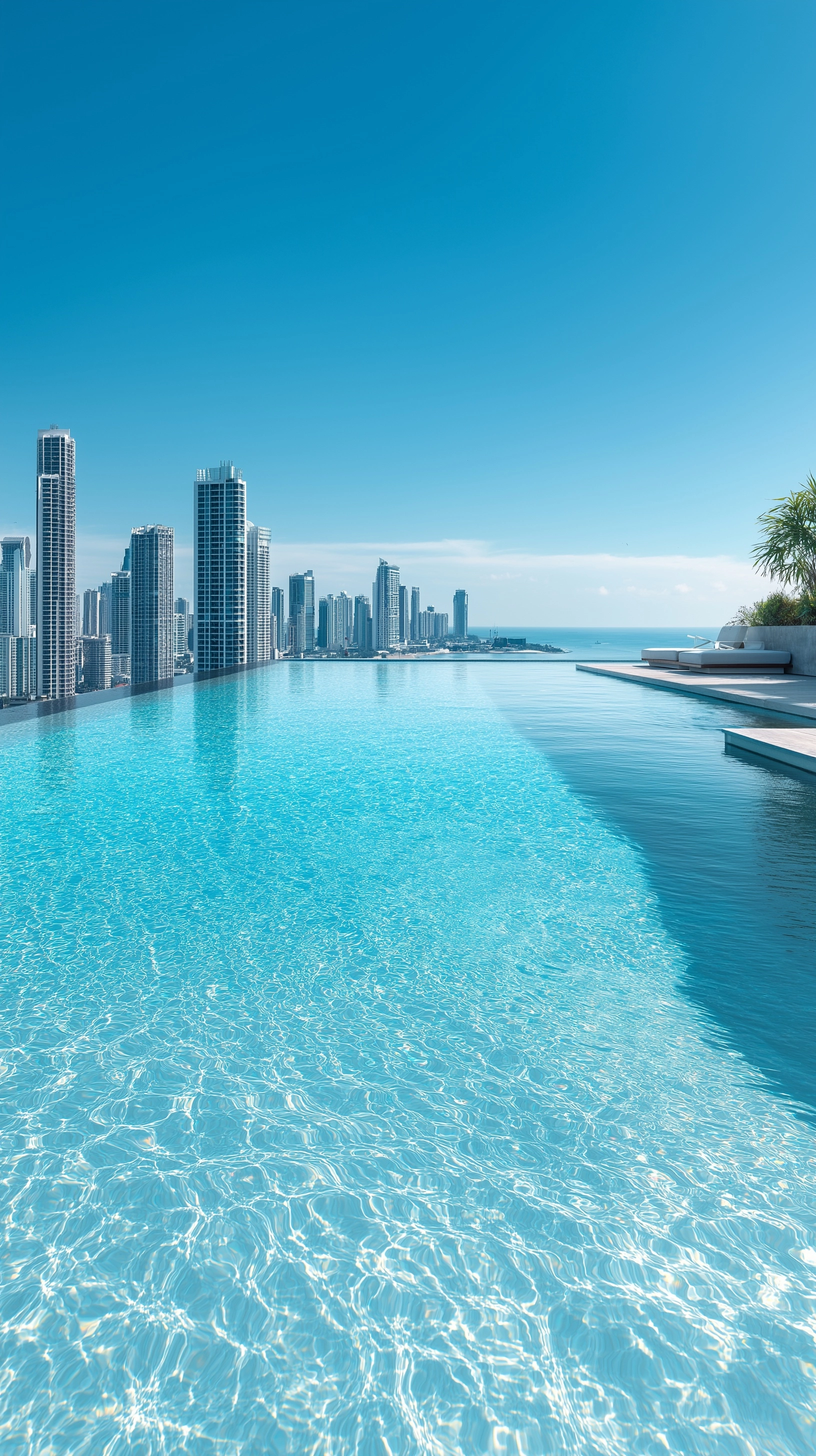 Luxury condo with infinity pool, clear blue water reflecting sunlight, city skyline background