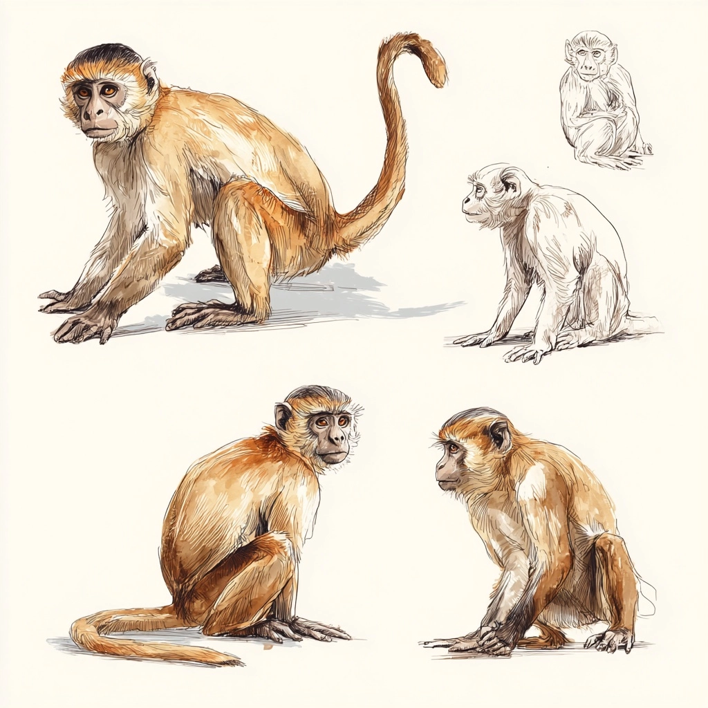 Macque monkey in different positions front and side. style vector painting and outlines