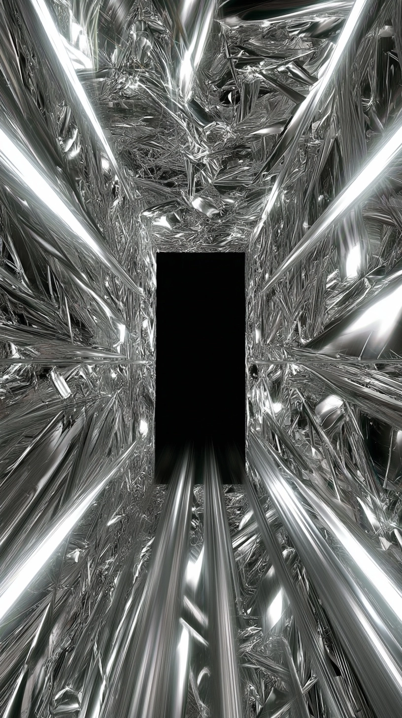 Metalic tunnel portal with motion blur with irregulary sharp various particles of y2k metalic