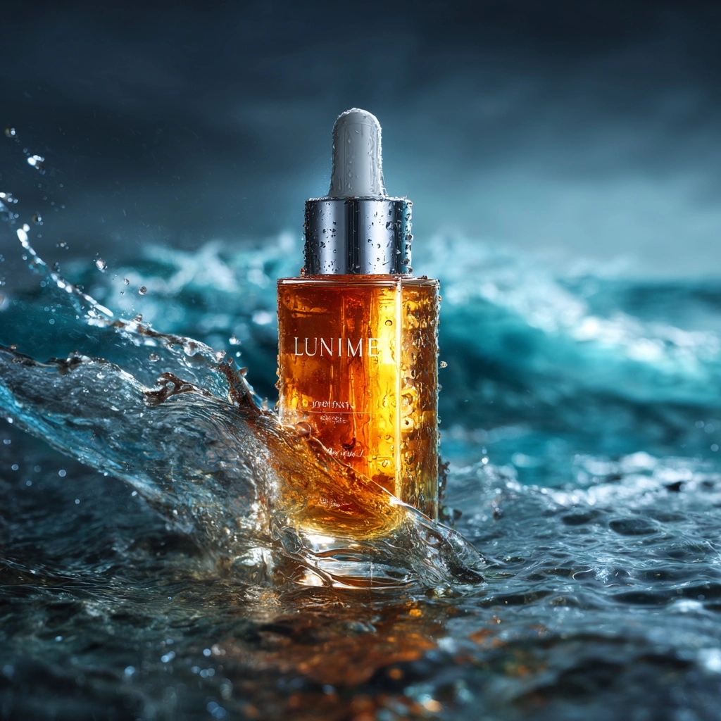 Luxury skincare serum bottle, standing on wet reflective surface with water droplets