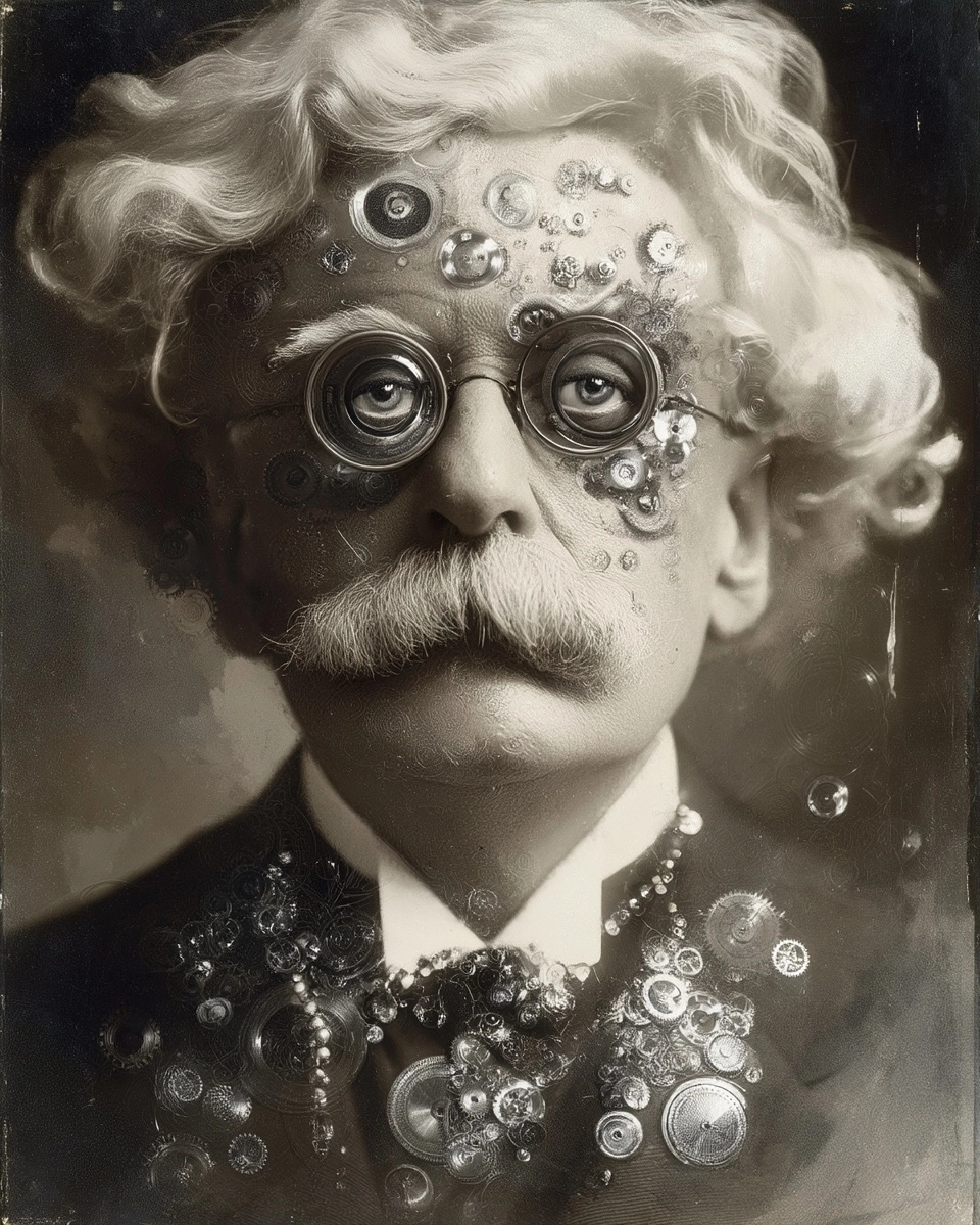Masterpiece illustration: a beautiful perfect mixed media artwork showing a genius with many ideas