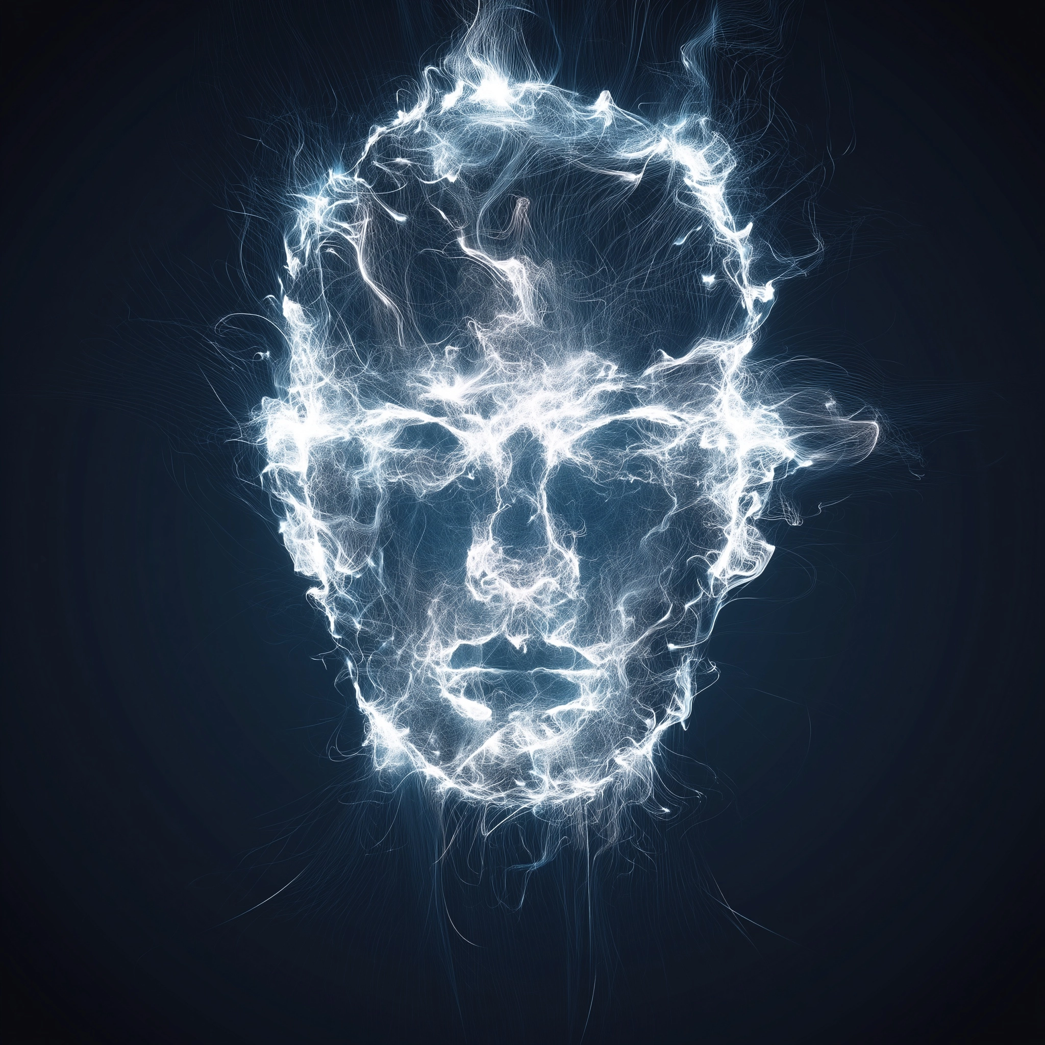 Minimal bold logo, abstract human face made entirely of glowing white light particles and wisps