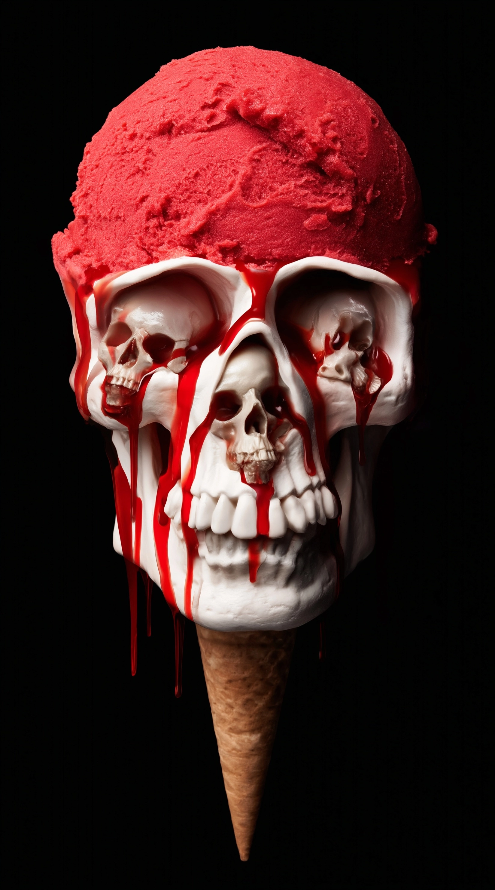 Skull-shaped ice cream, dripping red liquid on the cone, skulls melting in it