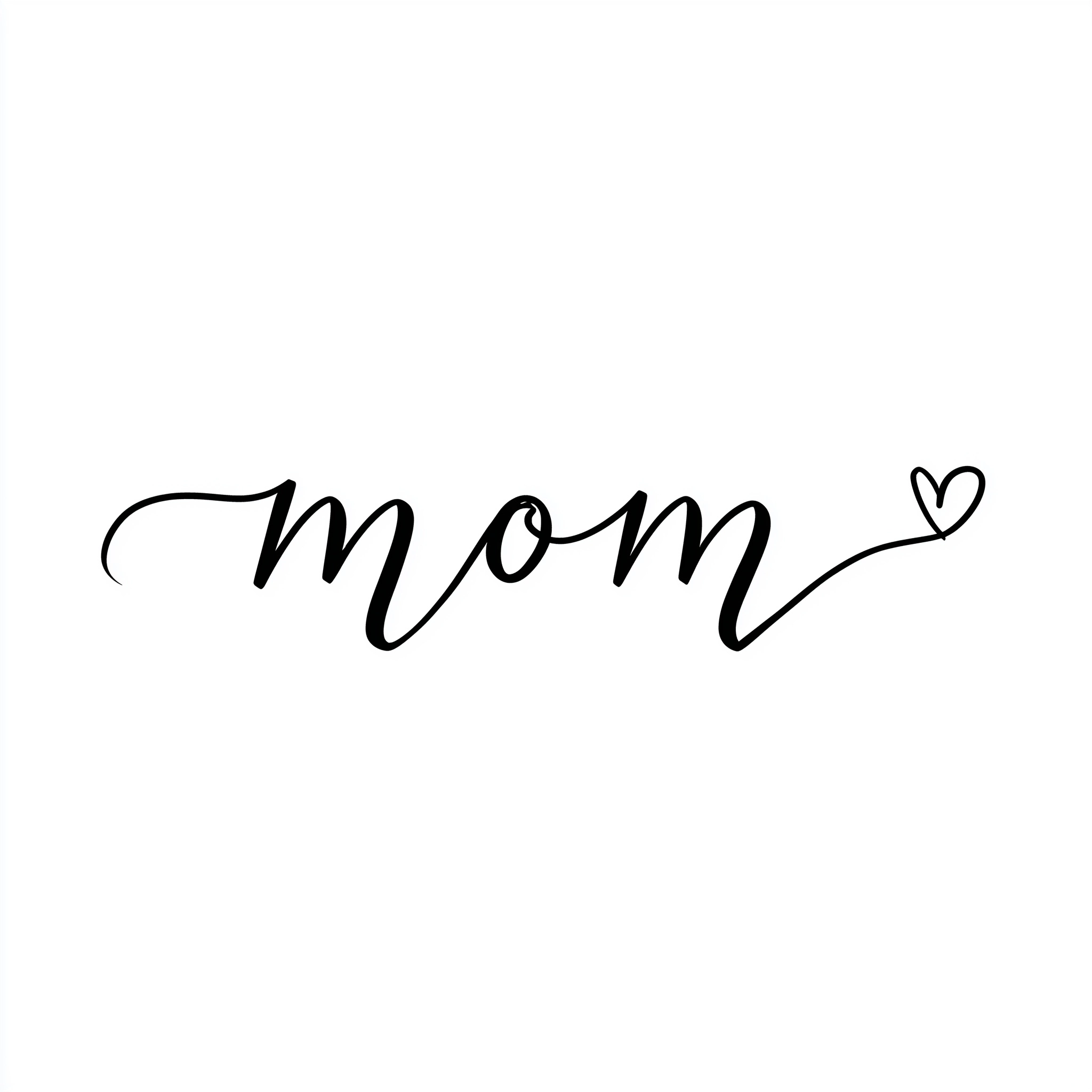 Minimalist "mom" handwritten cursive typography with a continuous line forming a heart at the end