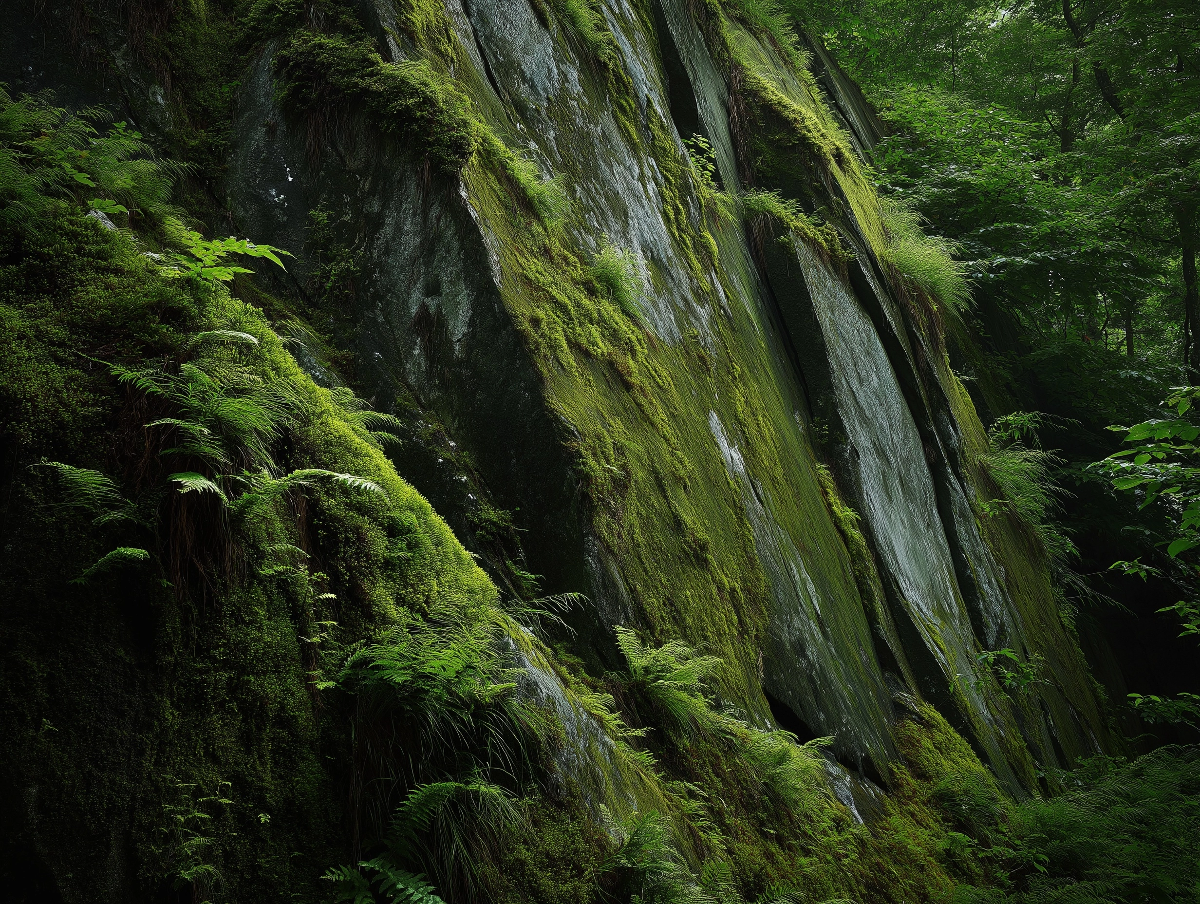 Moss-covered granite rock face, deep green with fine textures in a humid forest.