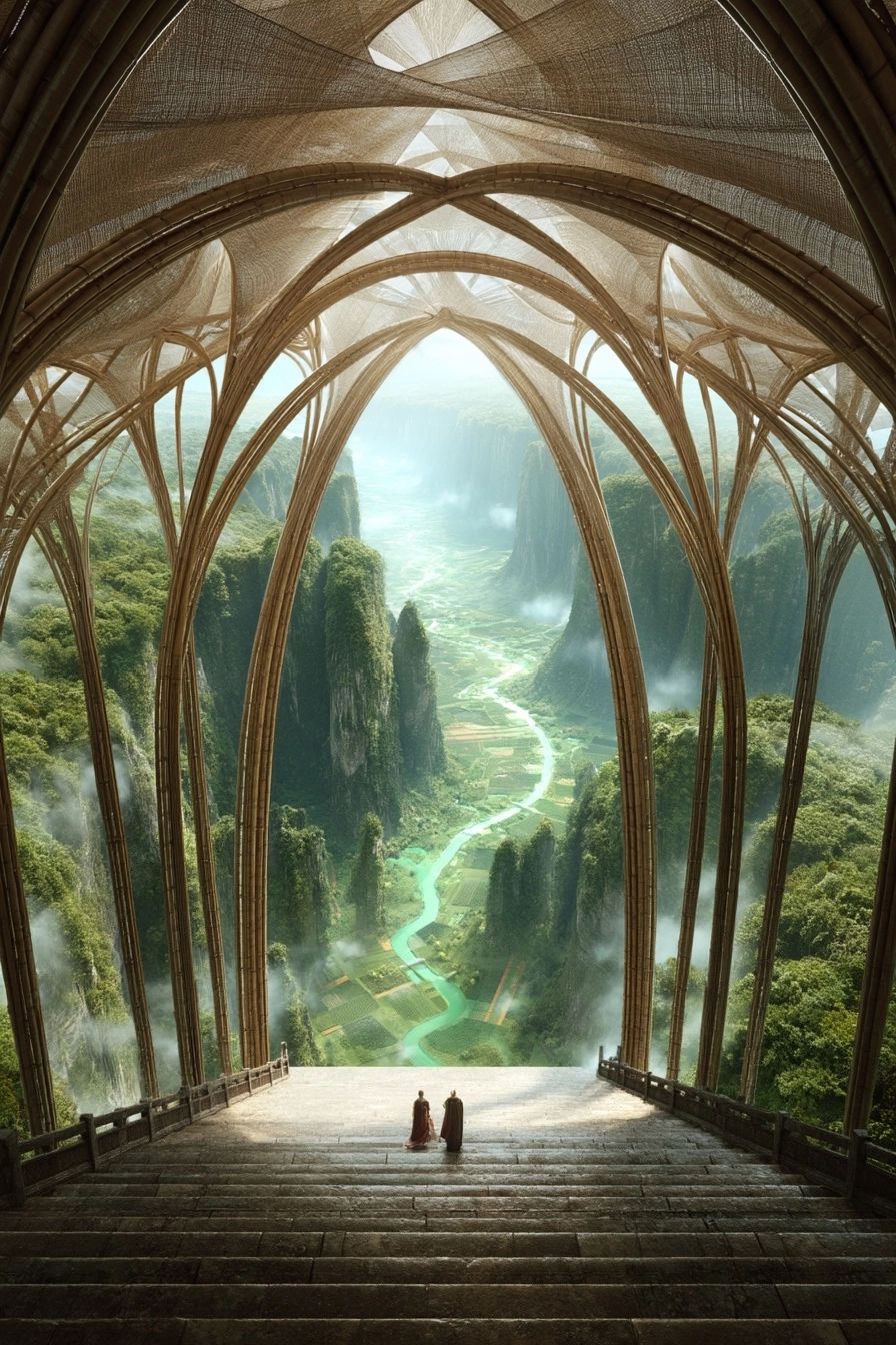Monumental high oblique aerial shot from above a vast stone staircase descending toward a colossal e