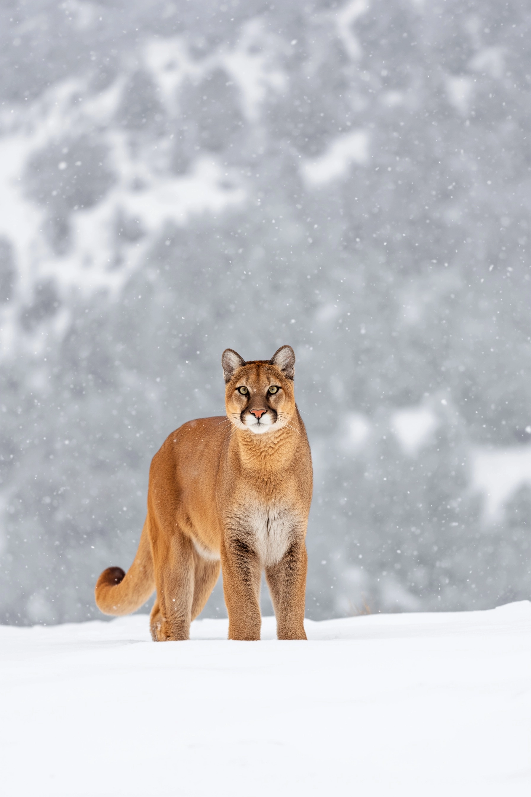 Mountain lion photography, Mountain lion standing alone in a wide snowy landscape