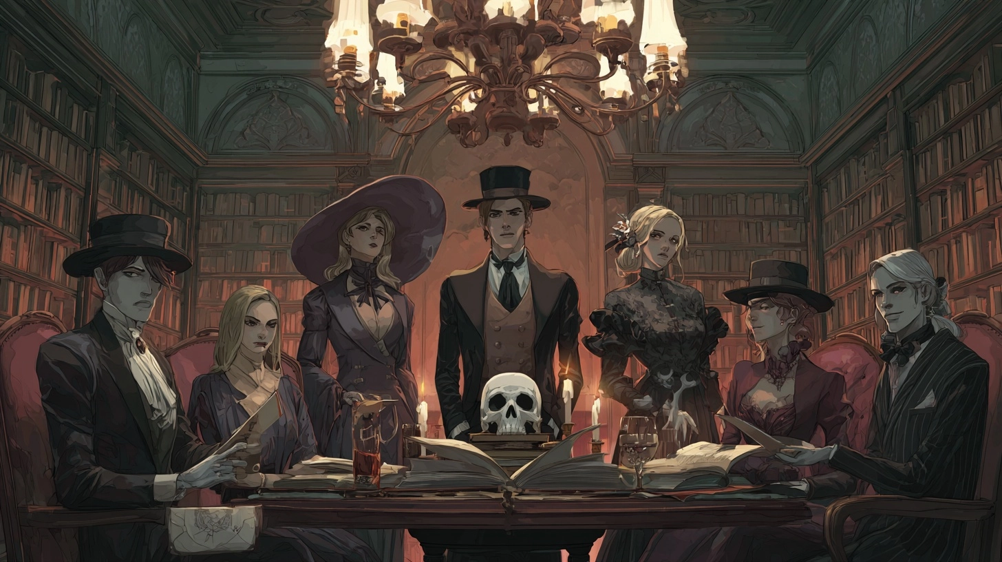 Murder mystery at a spooky university in Scotland. 7 suspects dressed in traditional dinner attire s