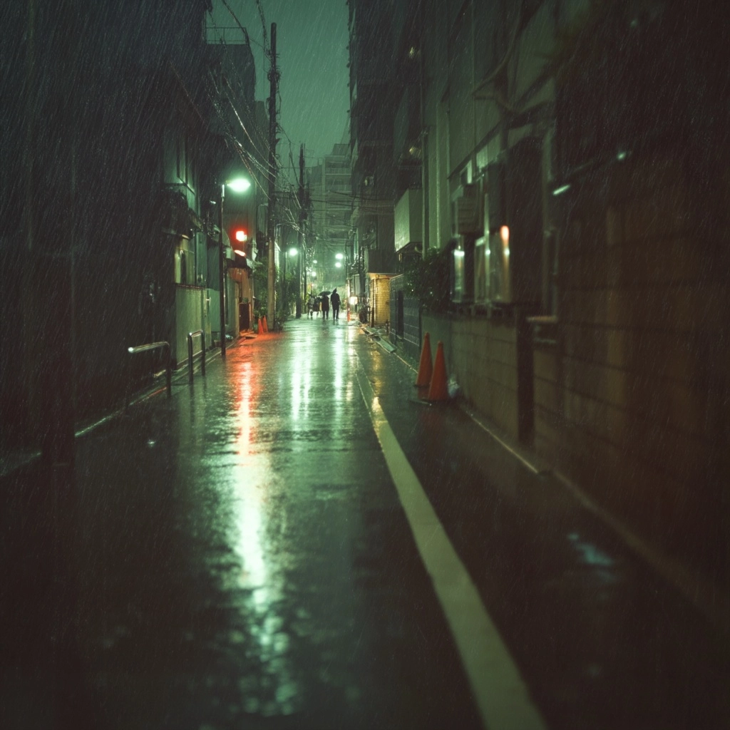 Narrow rain-soaked city street at night, neon reflections stretching across wet pavement