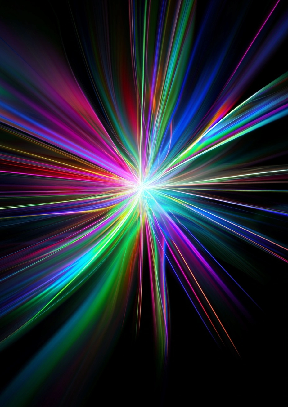 Neon rays of light coming out of the middle, on a solid black background