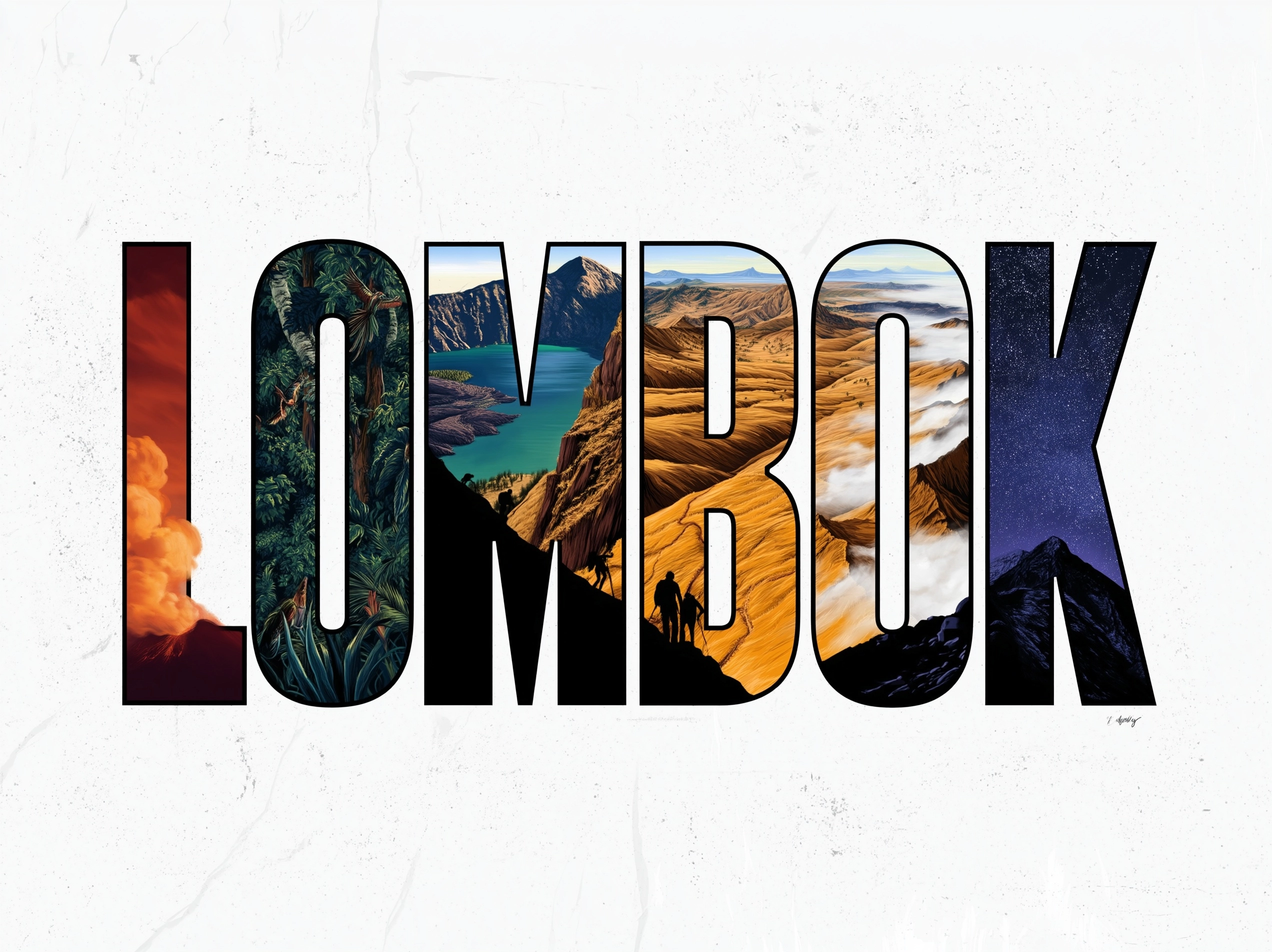 Create a bold, stylized illustration of the word "LOMBOK"