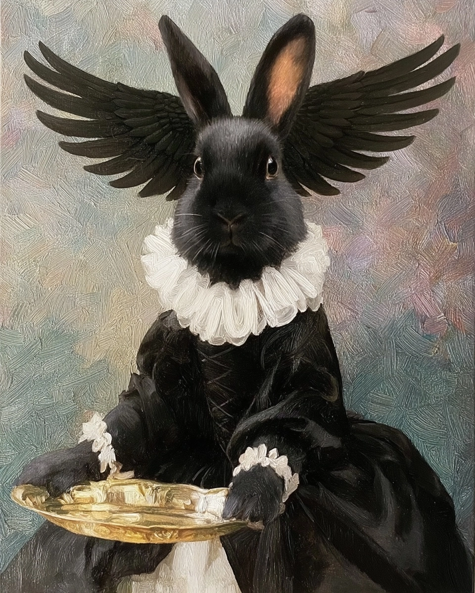 Oil painting, a black rabbit with black wings in black dress