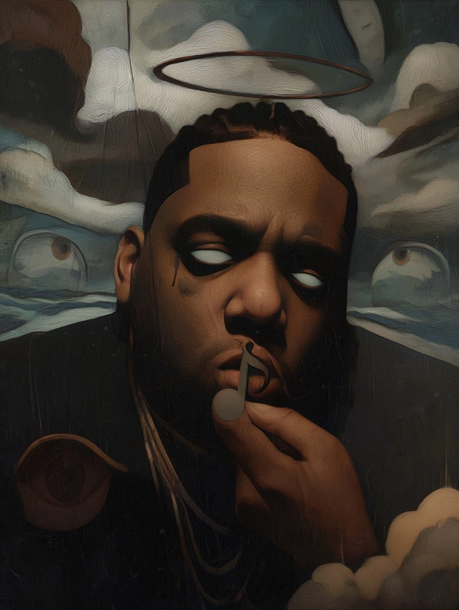 A jungian dream, A psychedelic personalization of Notorious BIG holding a music note