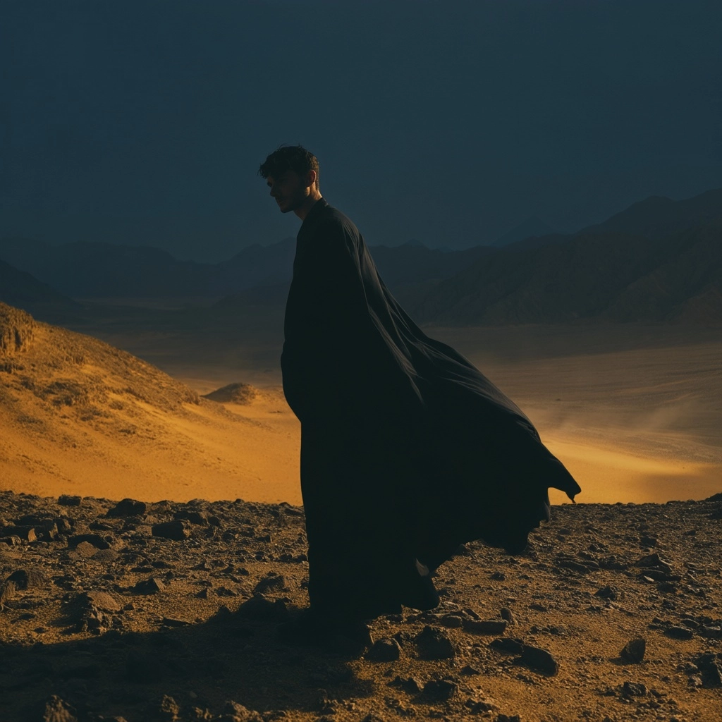 Cinematic mysterious poster, a lone man standing in the middle of a vast desert inspired by the Sina