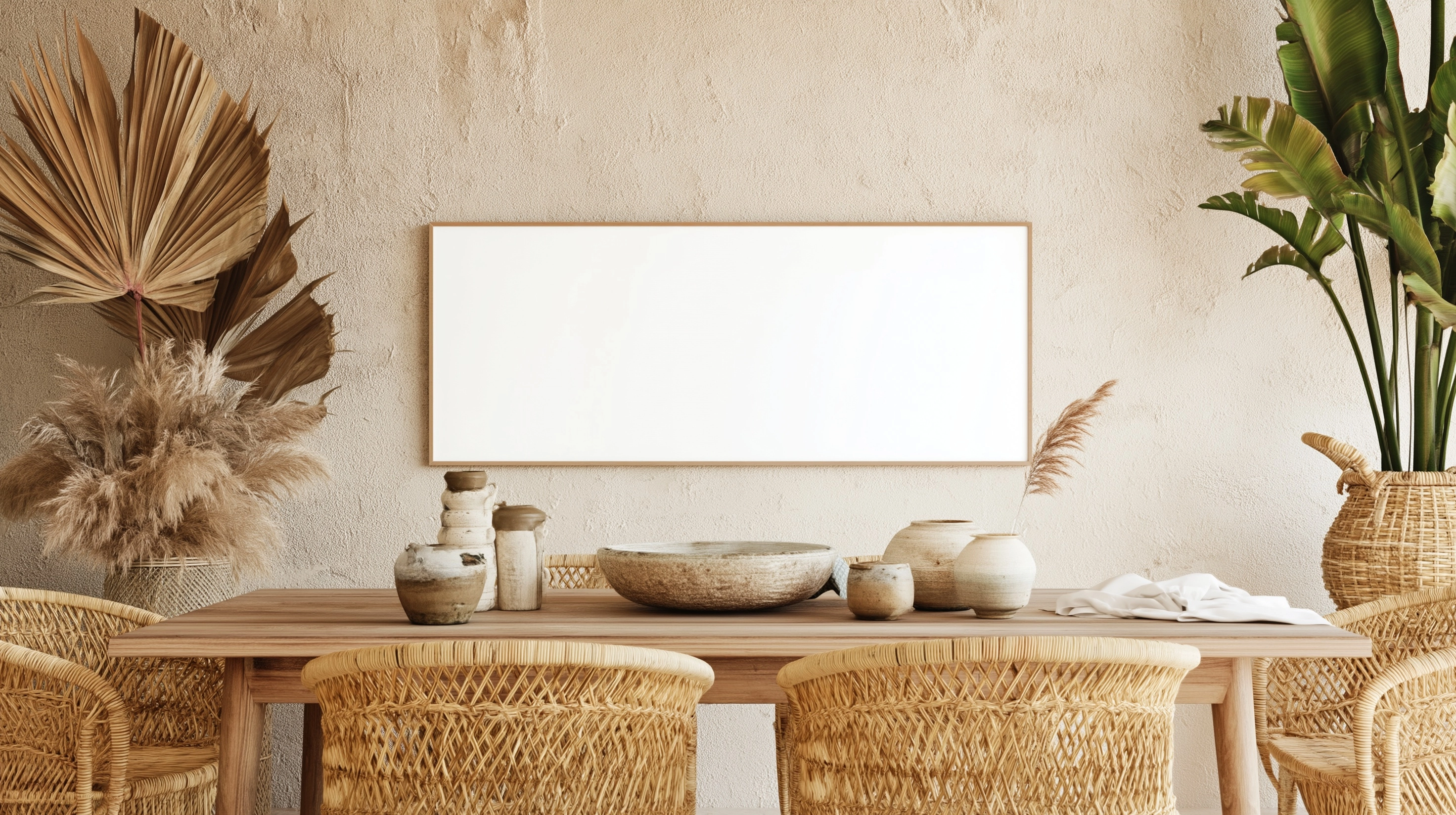 Photography Scandinavian boho dining area with wooden table, woven chairs, plants and ceramics